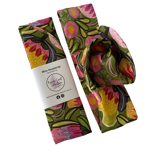 Handmade wire headwrap, headband with colour flowers set on olive green colour fabric by Kirsten Katz. Stylish, adjustable, and perfect for all-day wear or hair loss coverage.