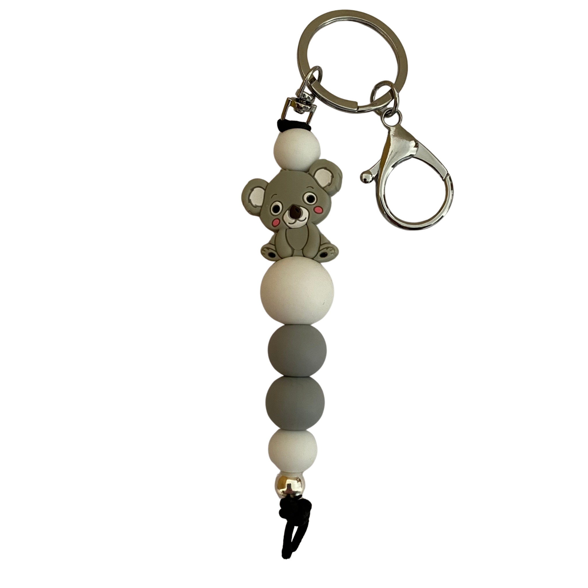 A keyring with a silicone koala bead and other round coloured silicone beads.