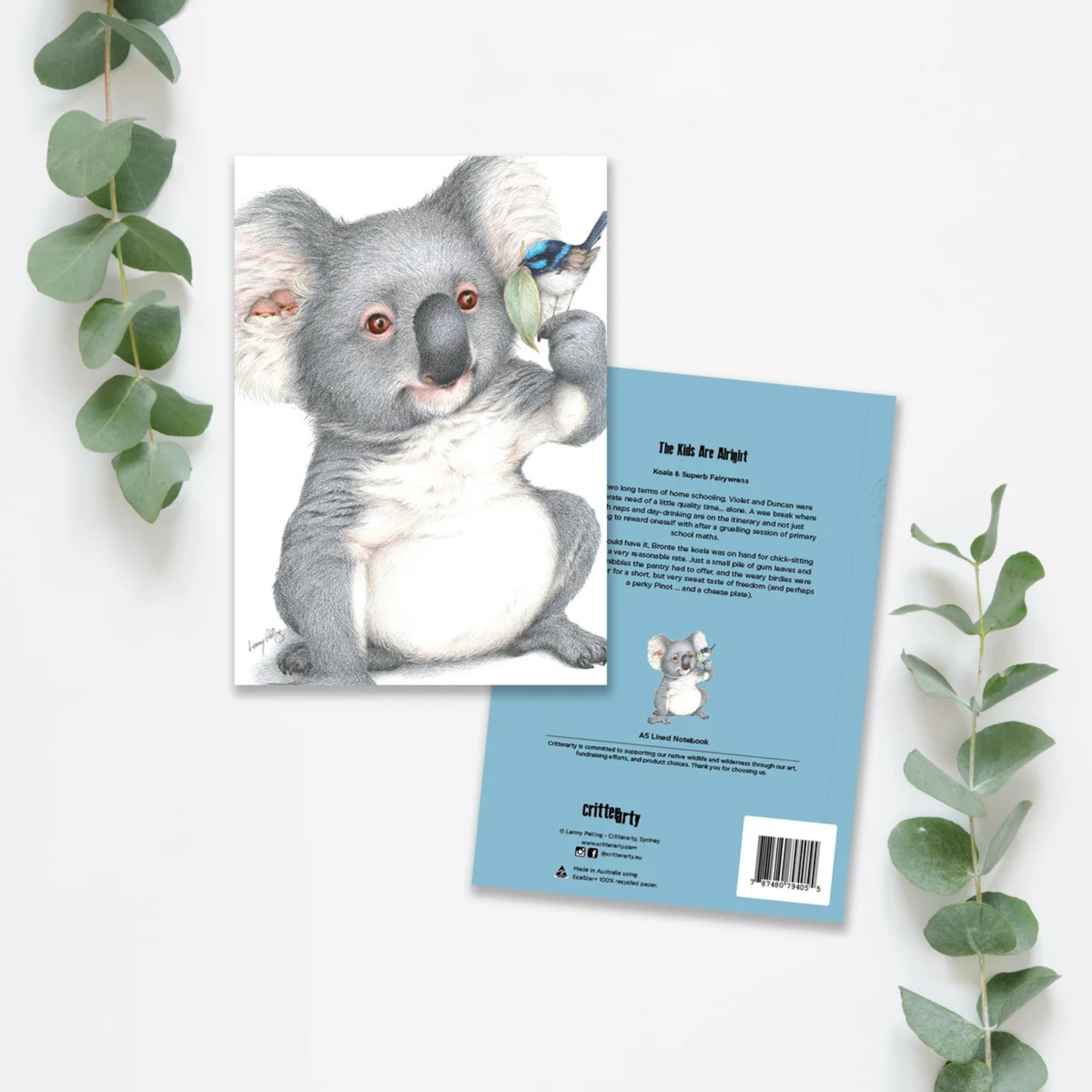 A5 premium lined notebook with 80 pages, luxuriously bound in a silky smooth, full colour cover featuring a Koala and Fairy Wren bird.
