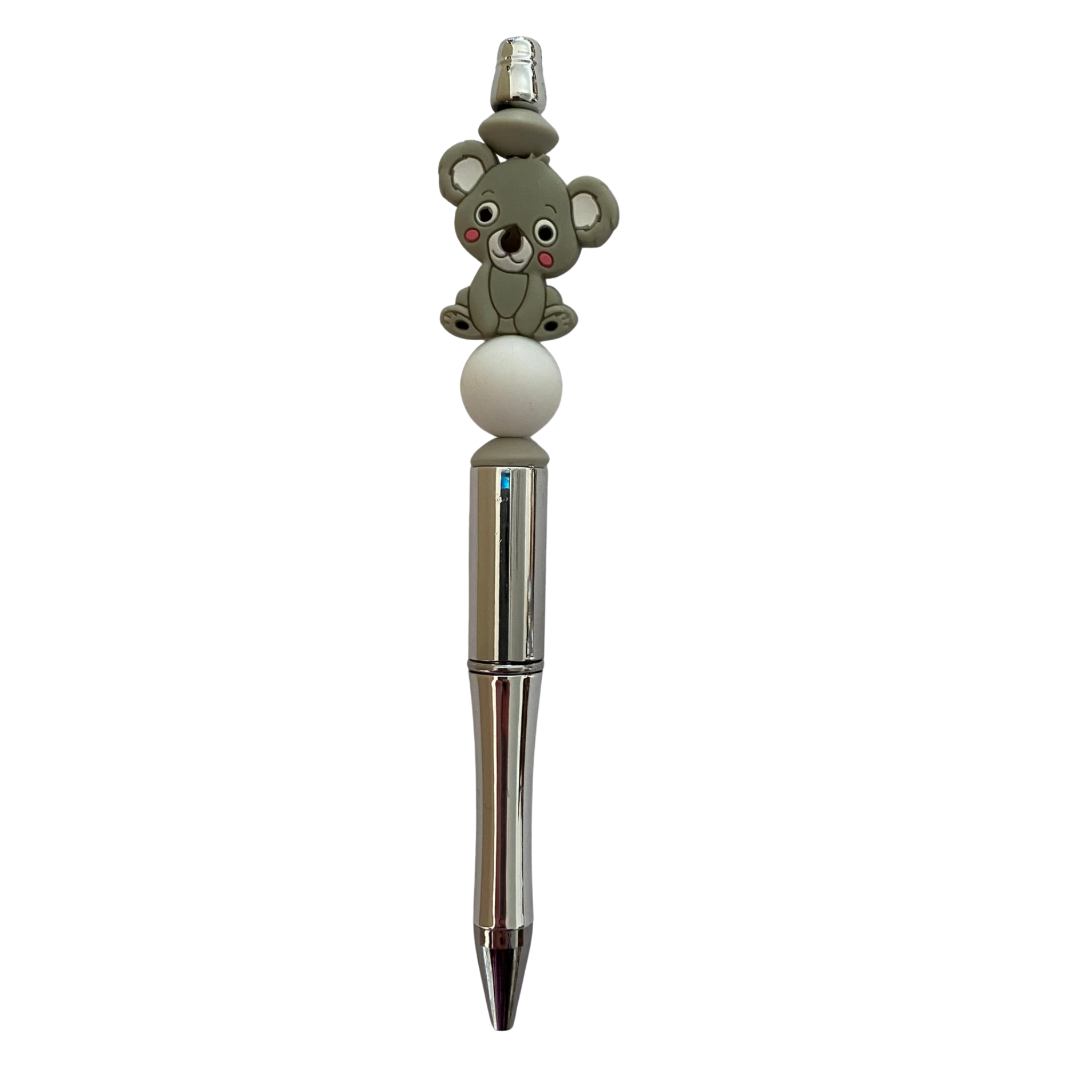 Pen with a koala silicone bead on top on a white background.