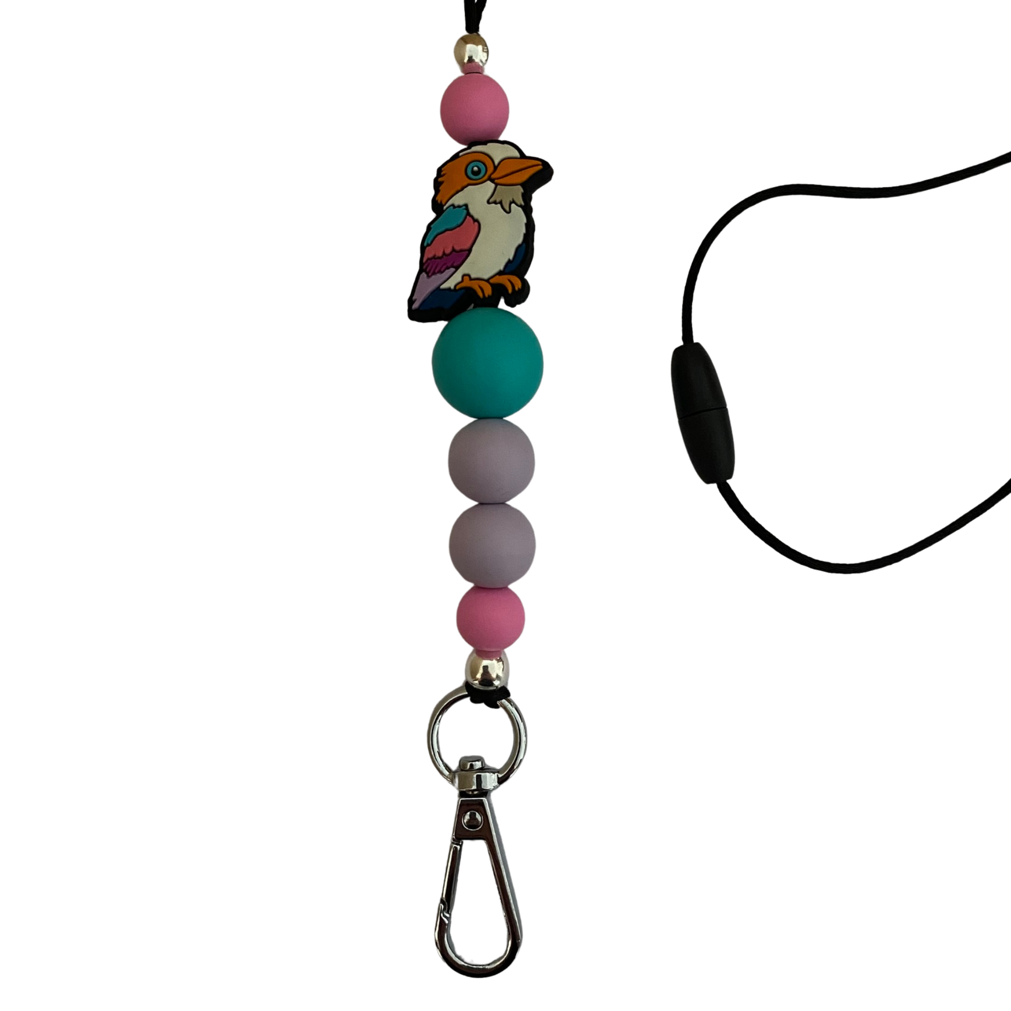 Kookaburra lanyard with assorted coloured silicone beads. Total length of lanyard approx 60cm and fitted with a safety break away clasp.