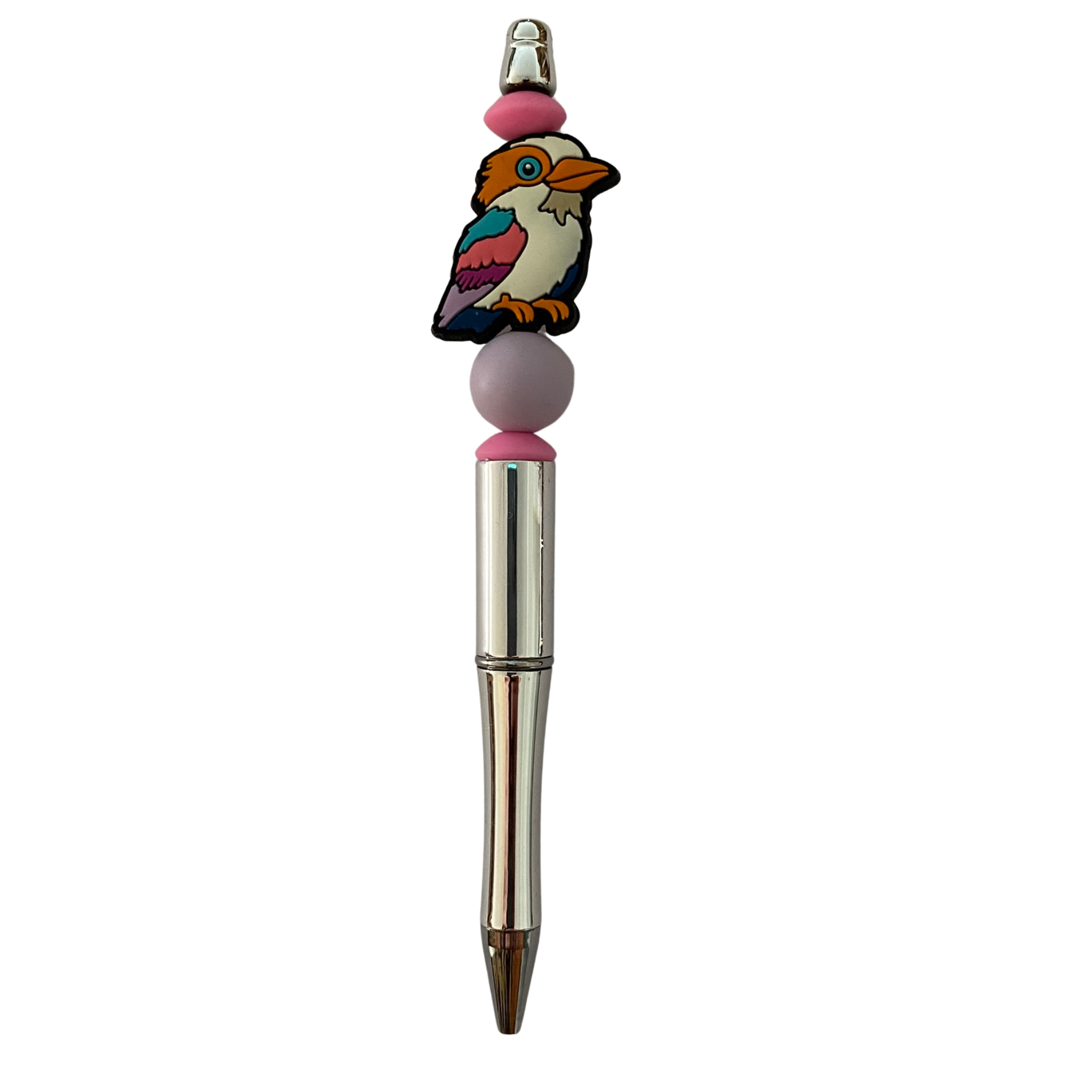 A black ink refillable pen with a colourful Kookaburra silicone bead on top.