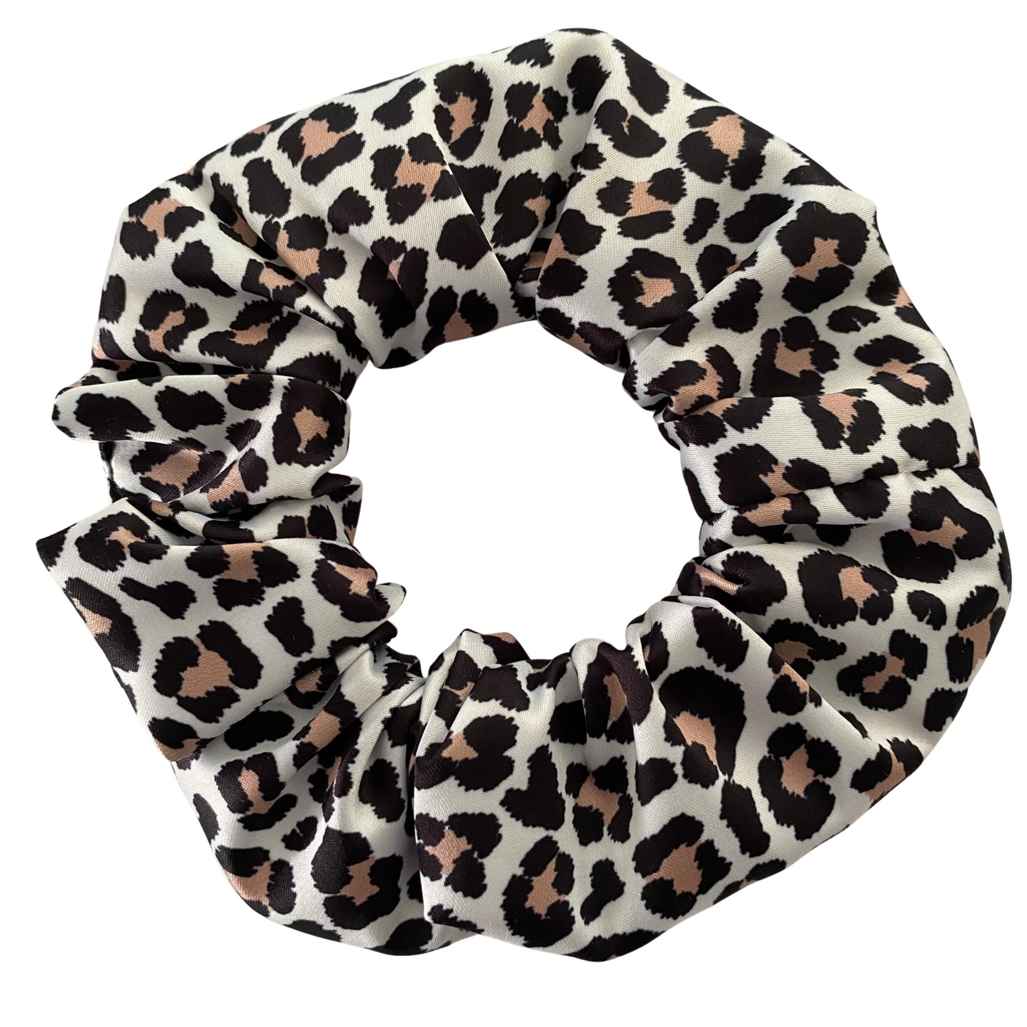 Leopard print scrunchie on a white background.