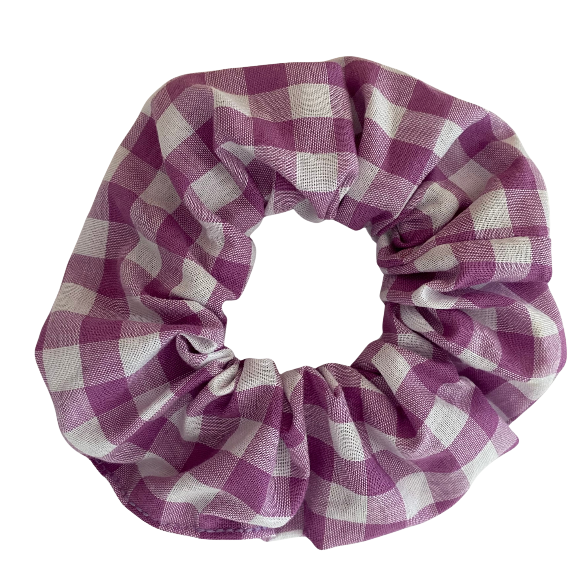 Lilac Gingham Scrunchie is handmade from cotton woven fabric and features quality braided elastic.