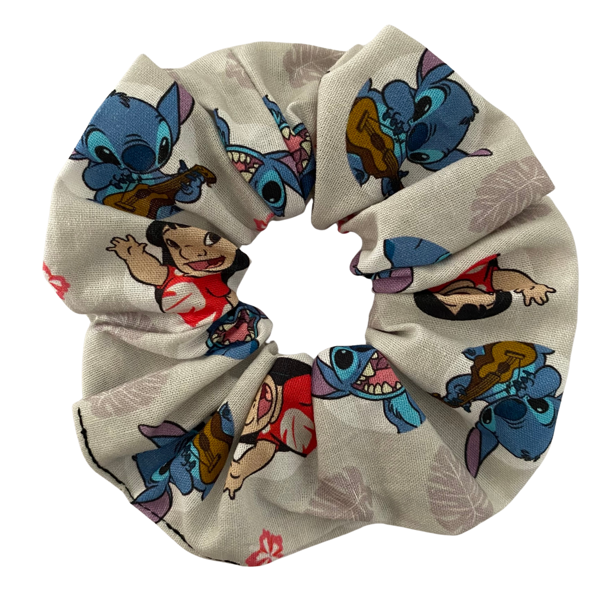 A scrunchie with playful images of Lilo and Stitch.