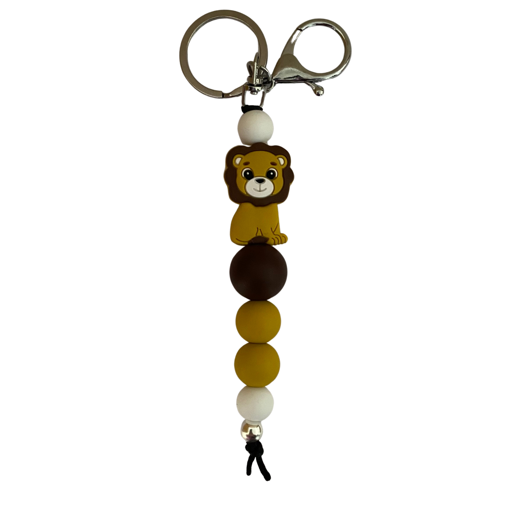 An 18cm keyring featuring a lion silicone bead and other round coloured silicone beads.