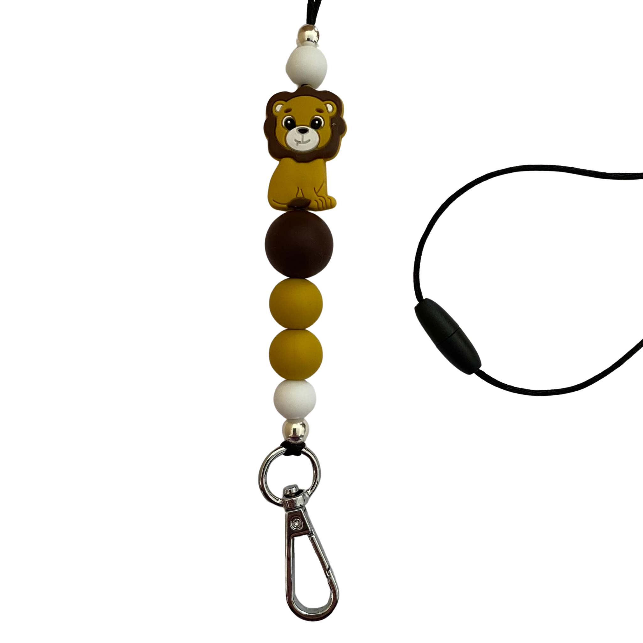 A 60cm lanyard fitted with a safety break away clasp and a lion silicone bead and other coloured round silicone beads.