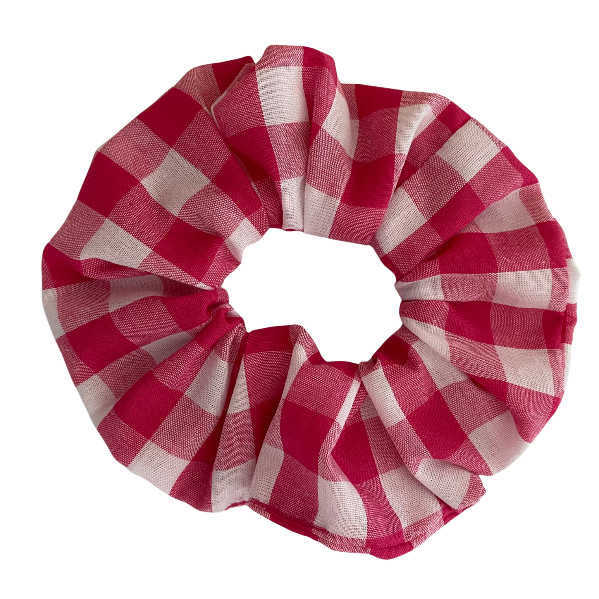 Lipstick Pink Gingham Scrunchie is handmade from cotton woven fabric and features quality braided elastic.