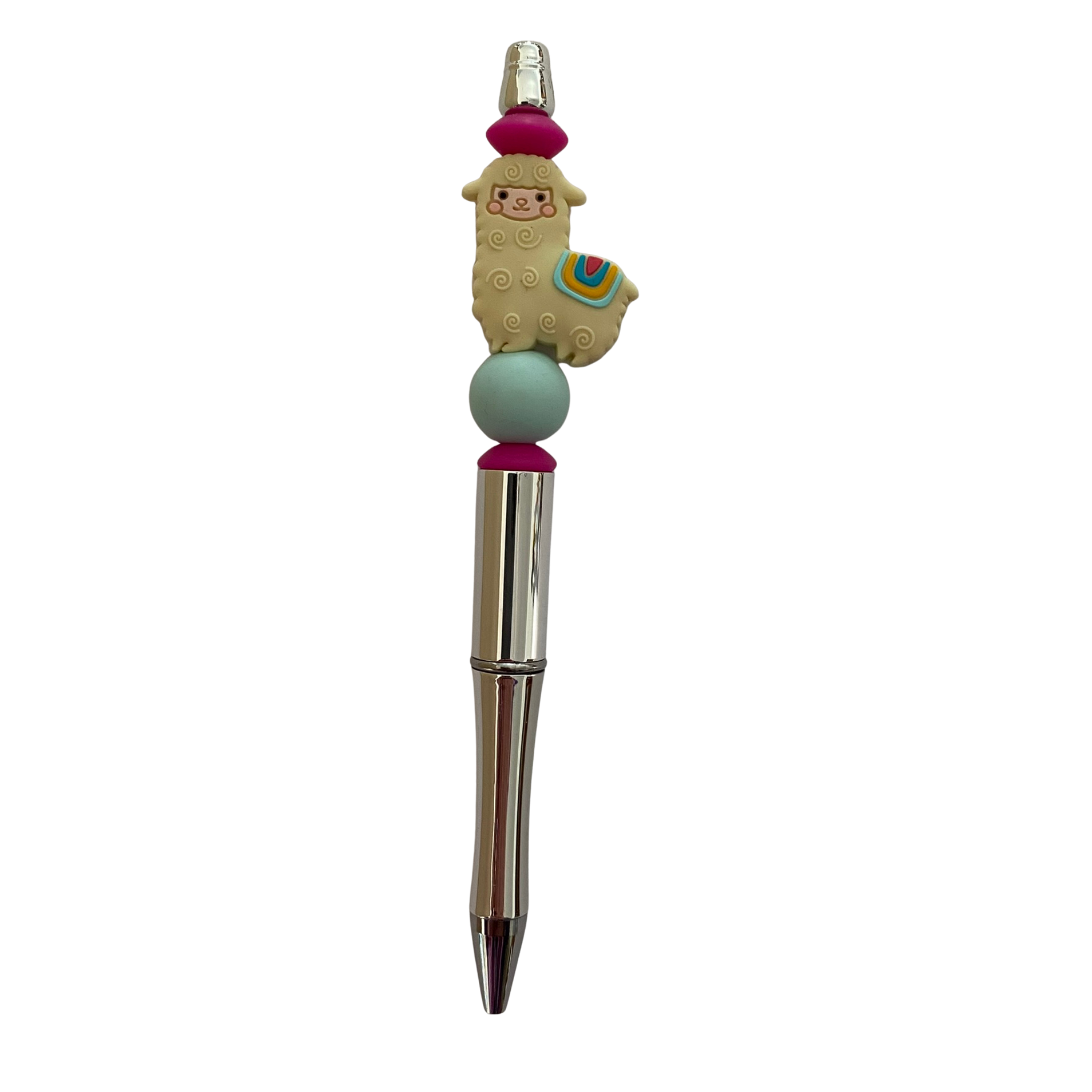 Pen with a llama silicone bead on top on a white background.