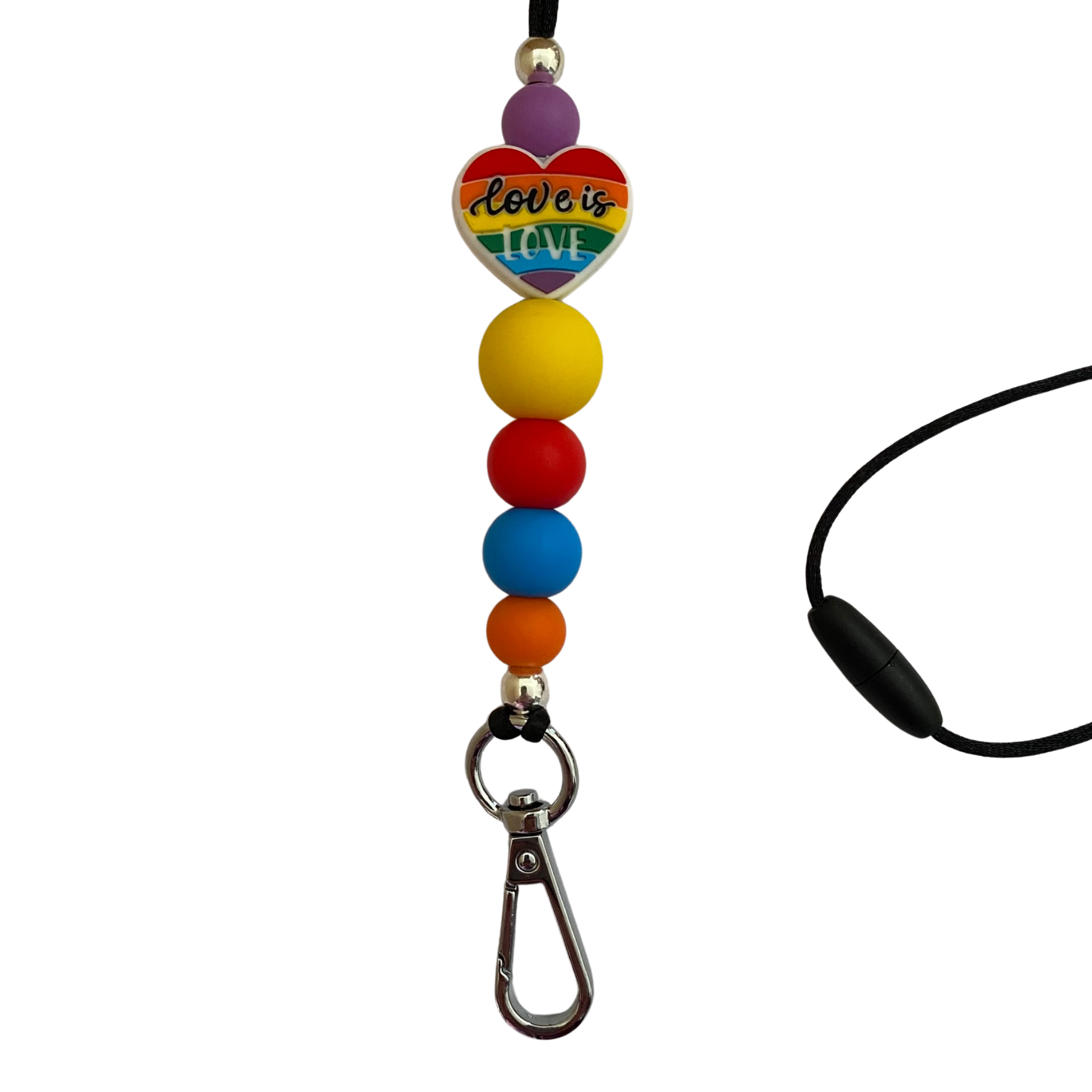A 60cm lanyard fitted with a safety break away clasp featuring a love is love rainbow colours silicone bead and other coloured round silicone beads.