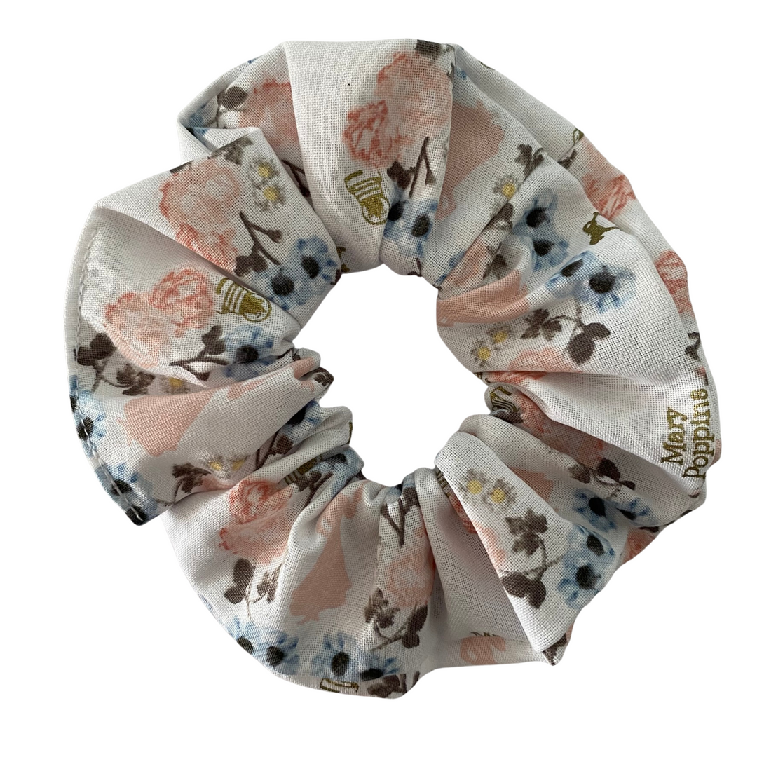 Mary Poppins Blossoms White Metallic Scrunchie handmade from cotton woven fabric, featuring a delicate floral pattern and Mary’s iconic umbrella.
