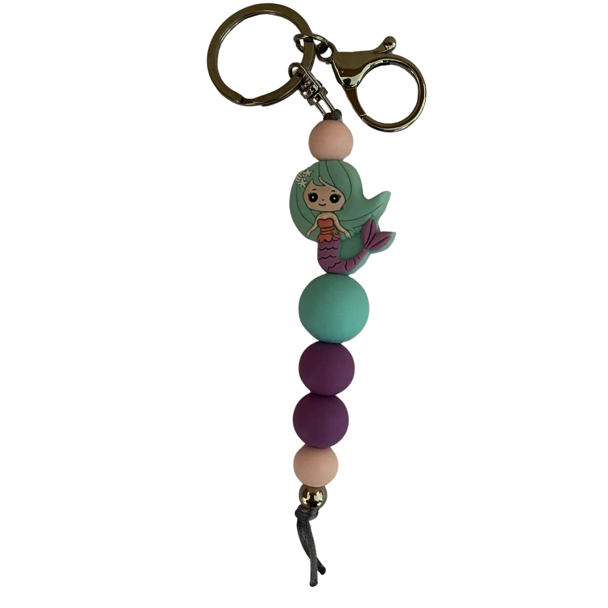 An 18cm mermaid silicone keyring with round cololured silicone beads.