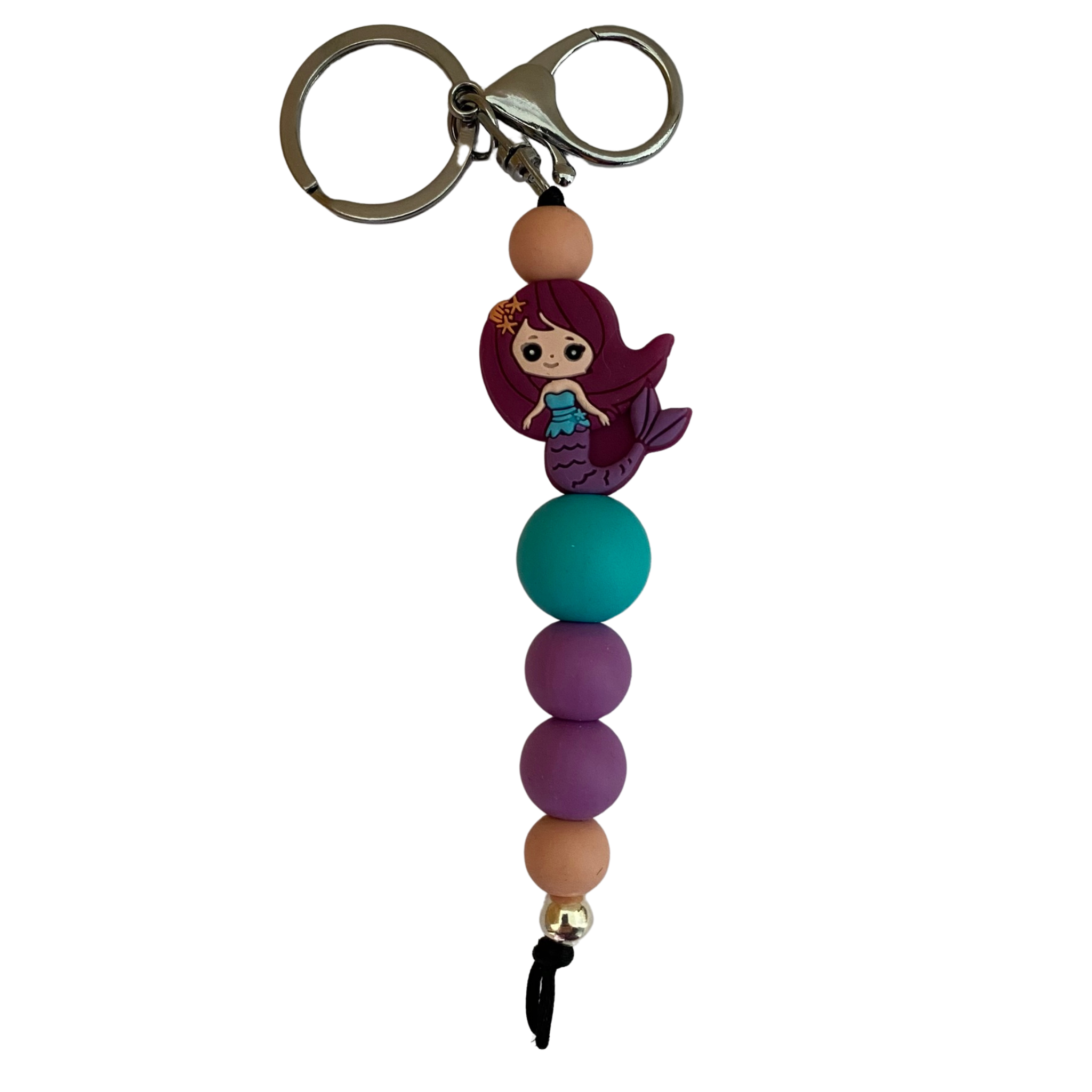 An 18cm keyring featuring a mermaid and other coloured round silicone beads.