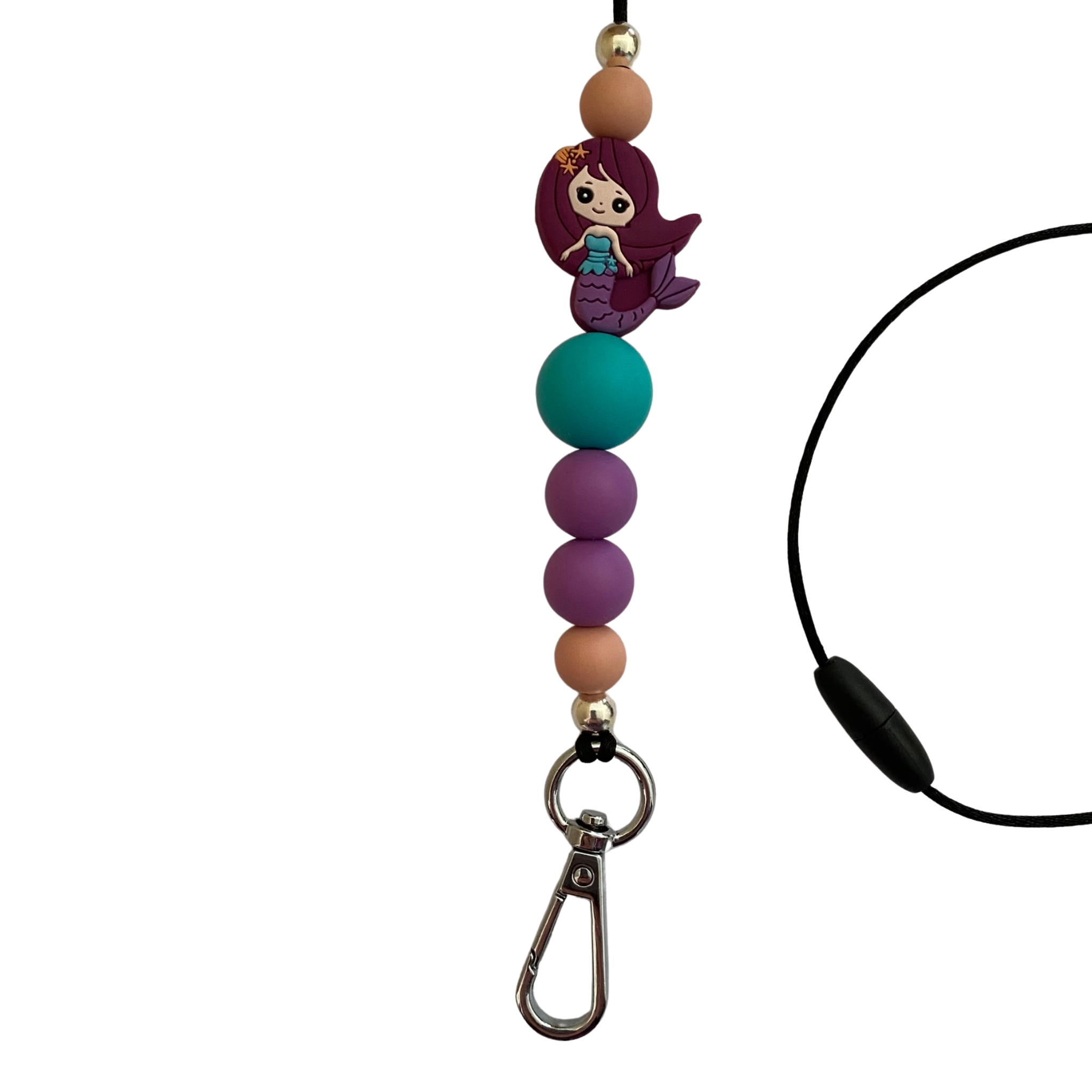 A 60cm lanyard fitted with a safety break away clasp and a mermaid purple silicone bead and other coloured round silicone beads.
