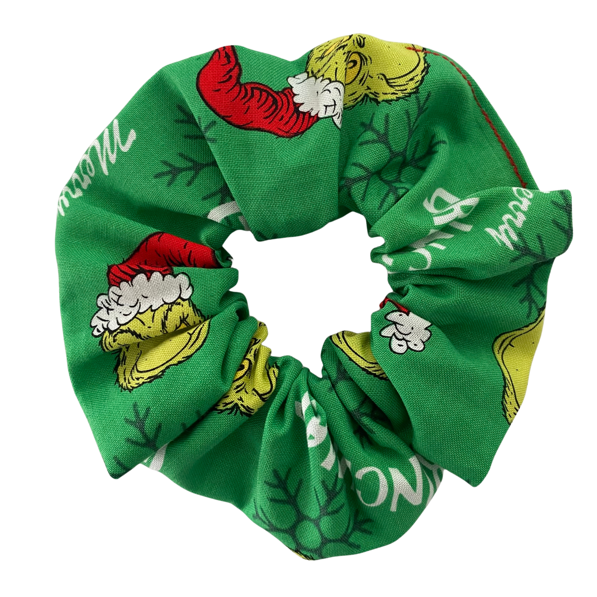 Green scrunchie with the words Merry Grinchmas and images of the Grinch.