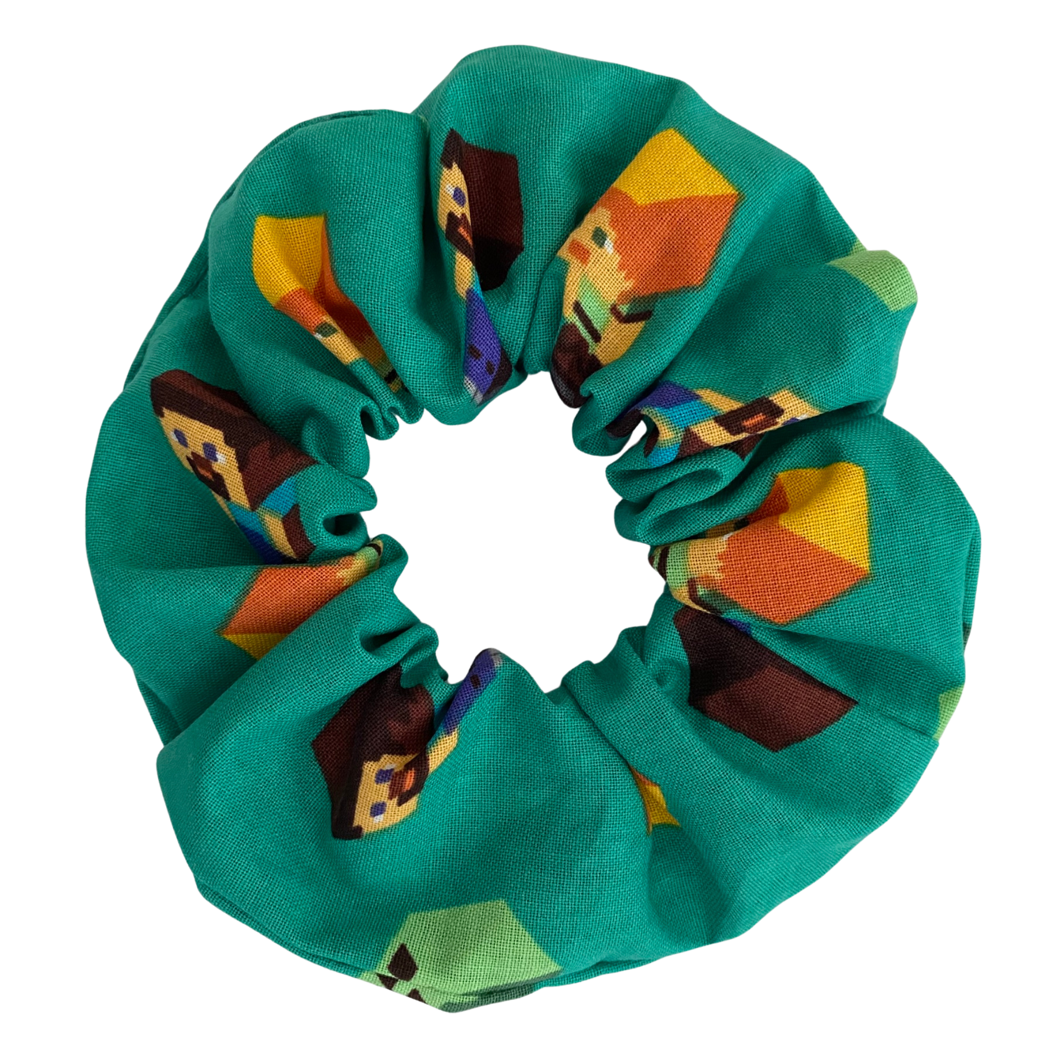 Minecraft Scrunchie with your favourite pixel characters on a forest green fabric featuring durable braided elastic for secure styling.