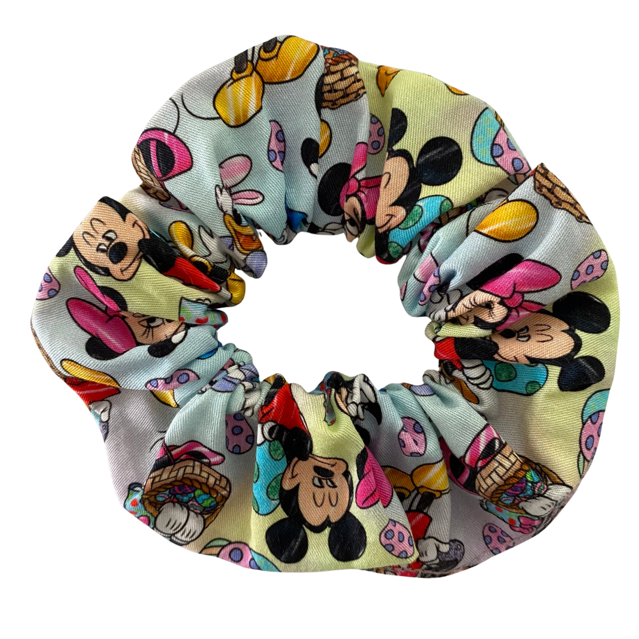 Scrunchie with illustrations of Mickey, Minnie, Donald, Daisy and Pluto surrounded by pastel-toned Easter eggs.