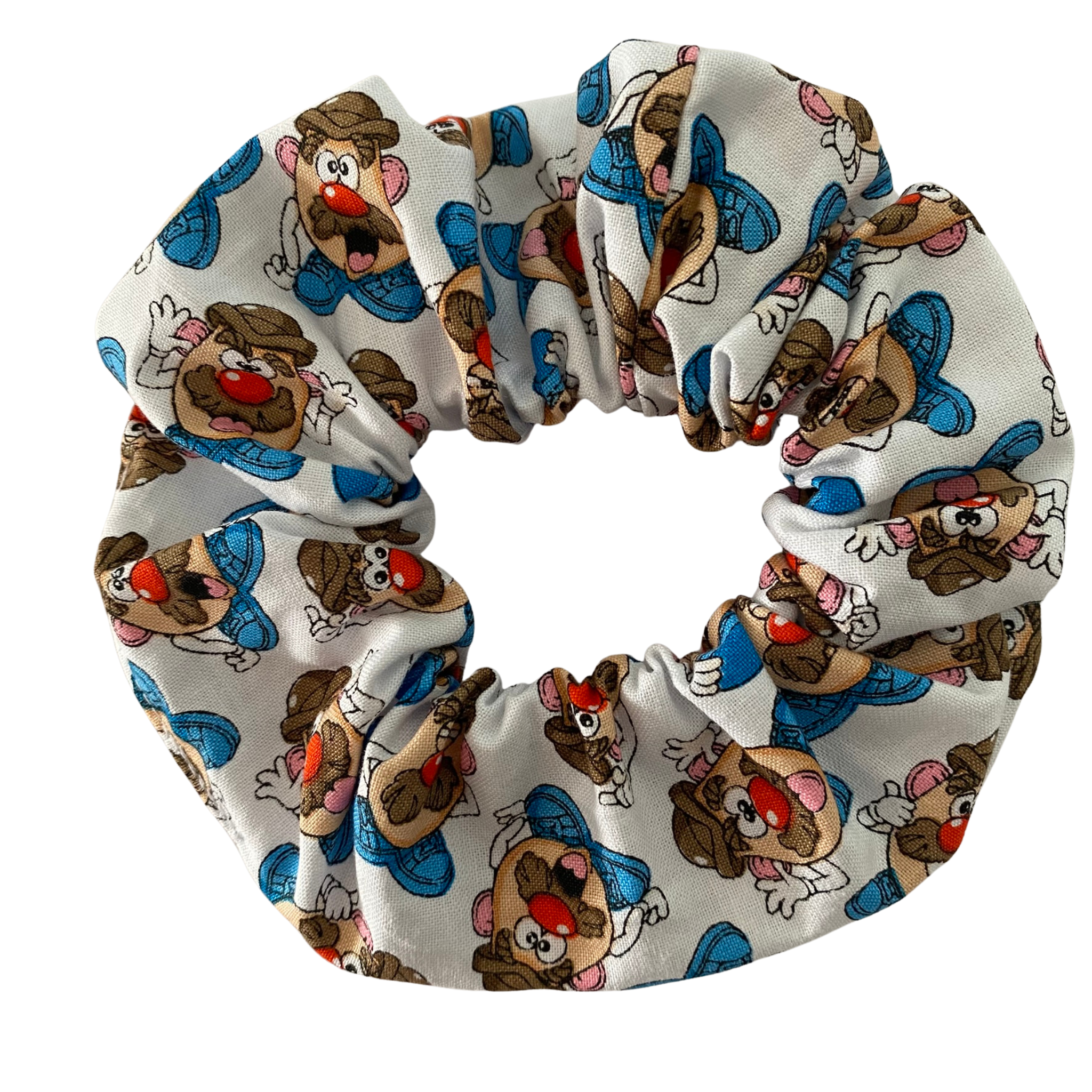 Mr Potato Head scrunchie handmade from cotton fabric, featuring colourful illustrations of the classic toy character, with quality braided elastic.