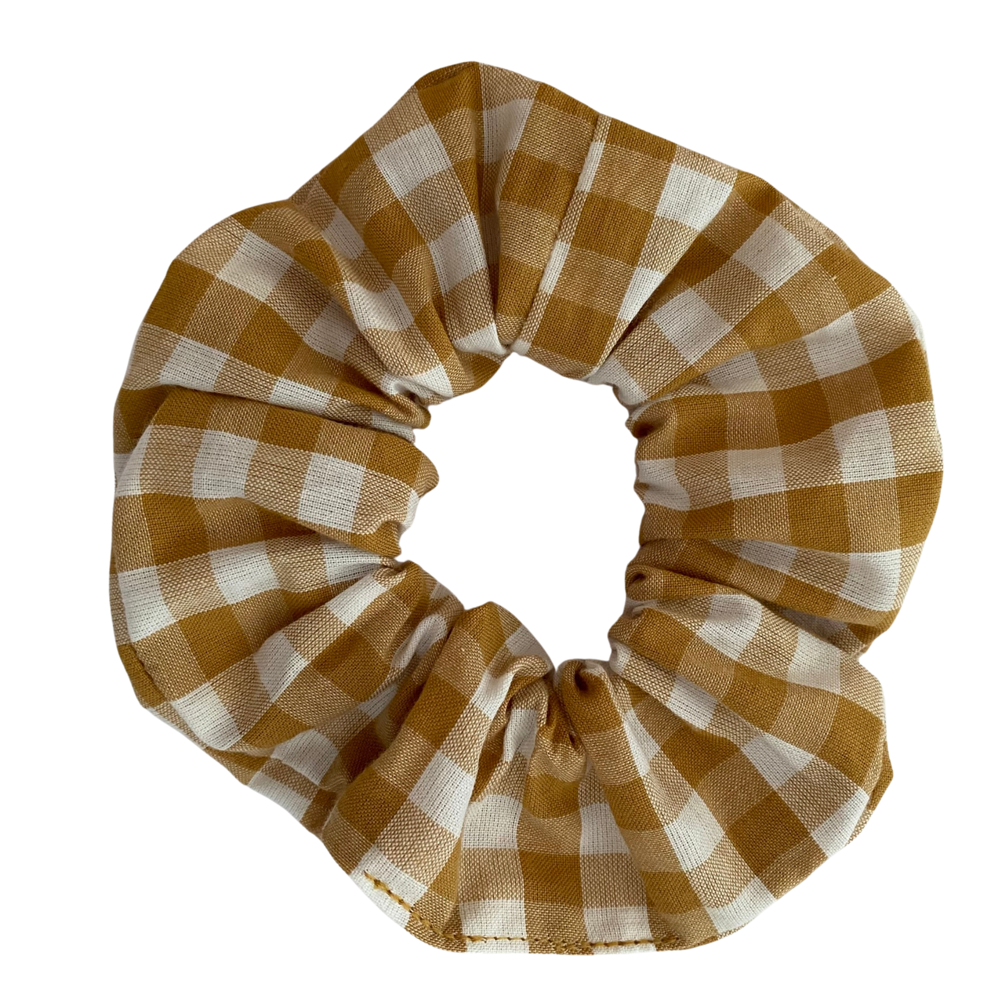 Mustard Gingham Scrunchie is handmade from cotton woven fabric and features quality braided elastic.