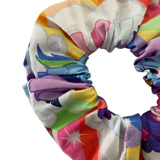 Reverse view of my Little Pony hair scrunchie made from colourful cotton poplin with durable braided elastic.