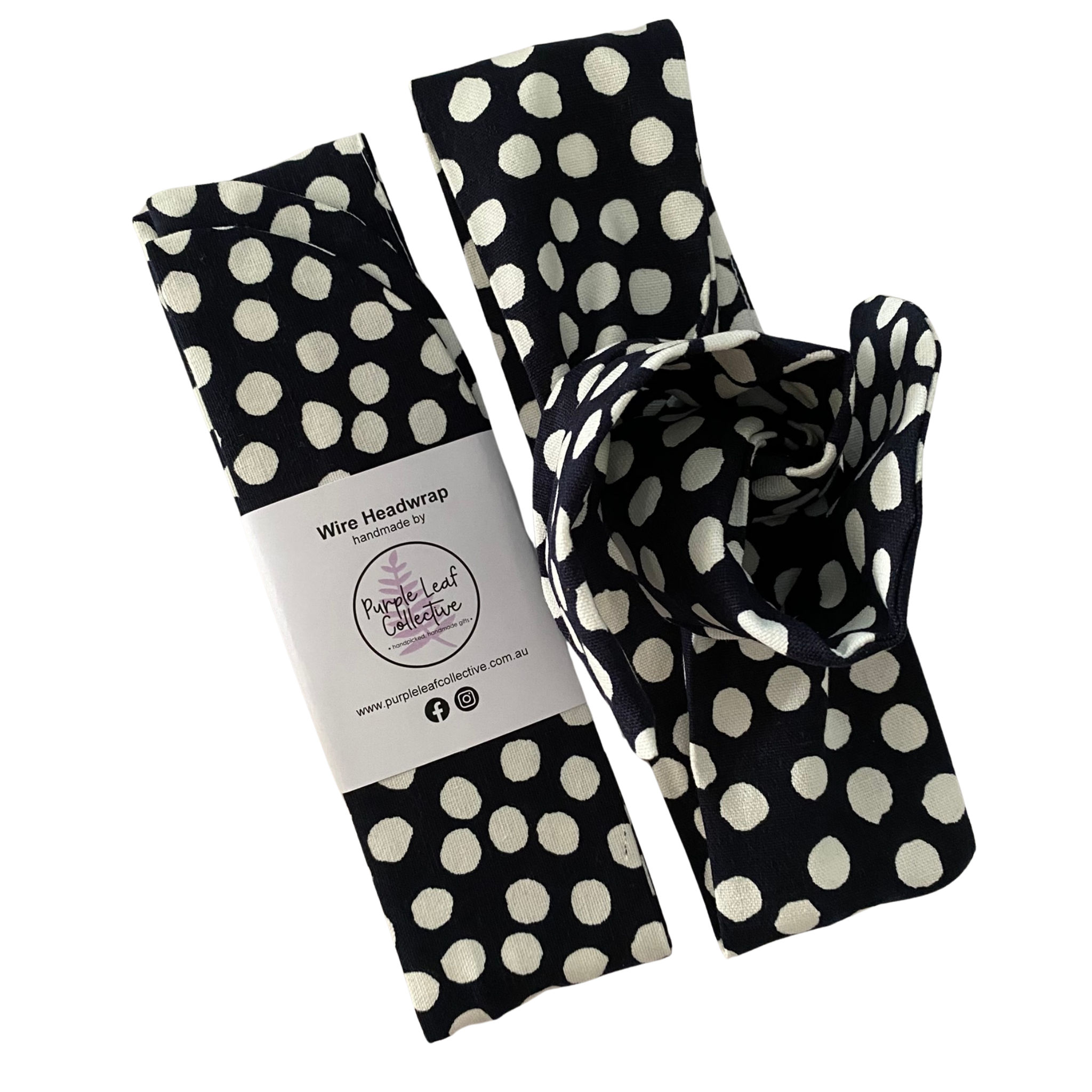 Handmade wire headwrap, headband with navy and white dots fabric. Stylish, adjustable, and perfect for all-day wear or hair loss coverage.