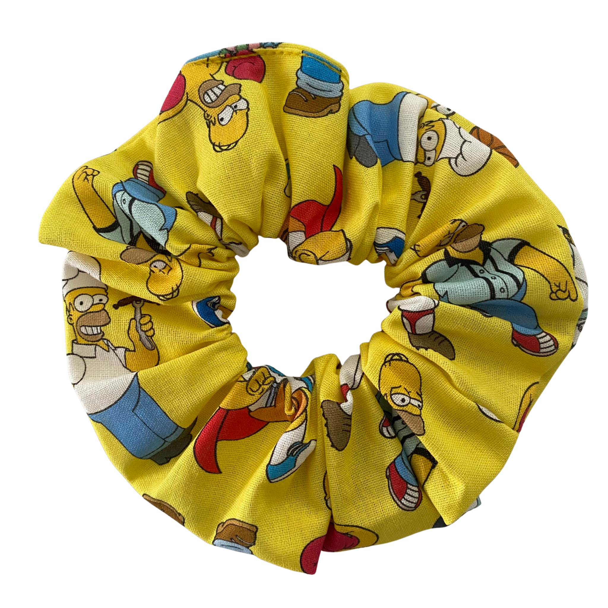 Yellow scrunchie with Homer Simpson character pattern on a white background.
