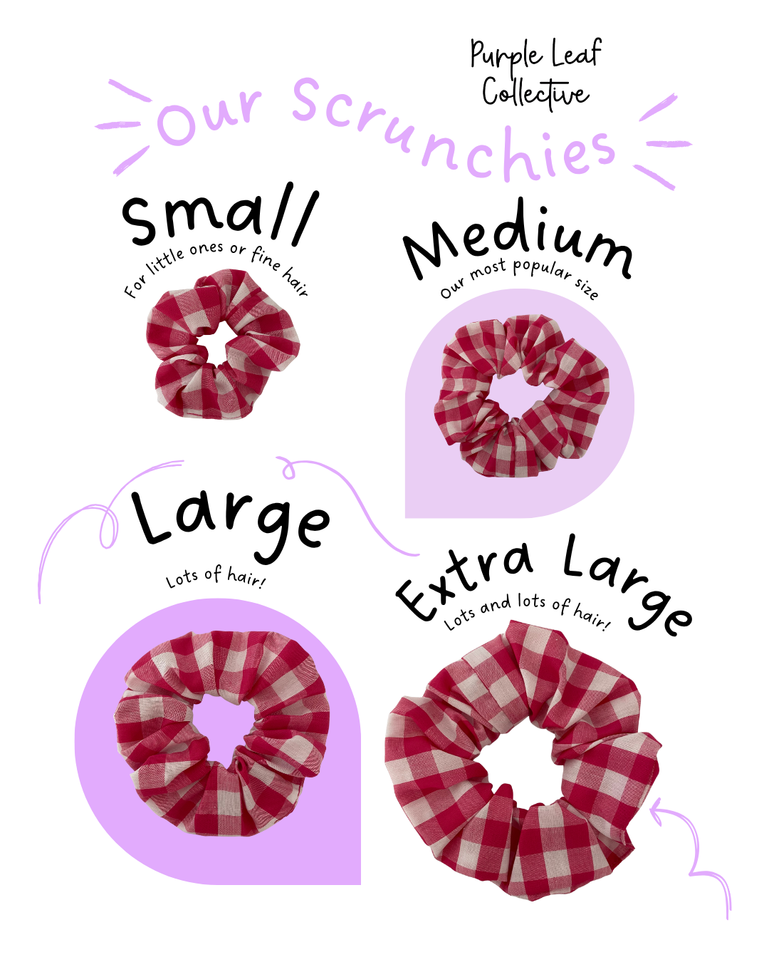 Red and white checkered scrunchies in small, medium, large, and extra large sizes on a white background with text.