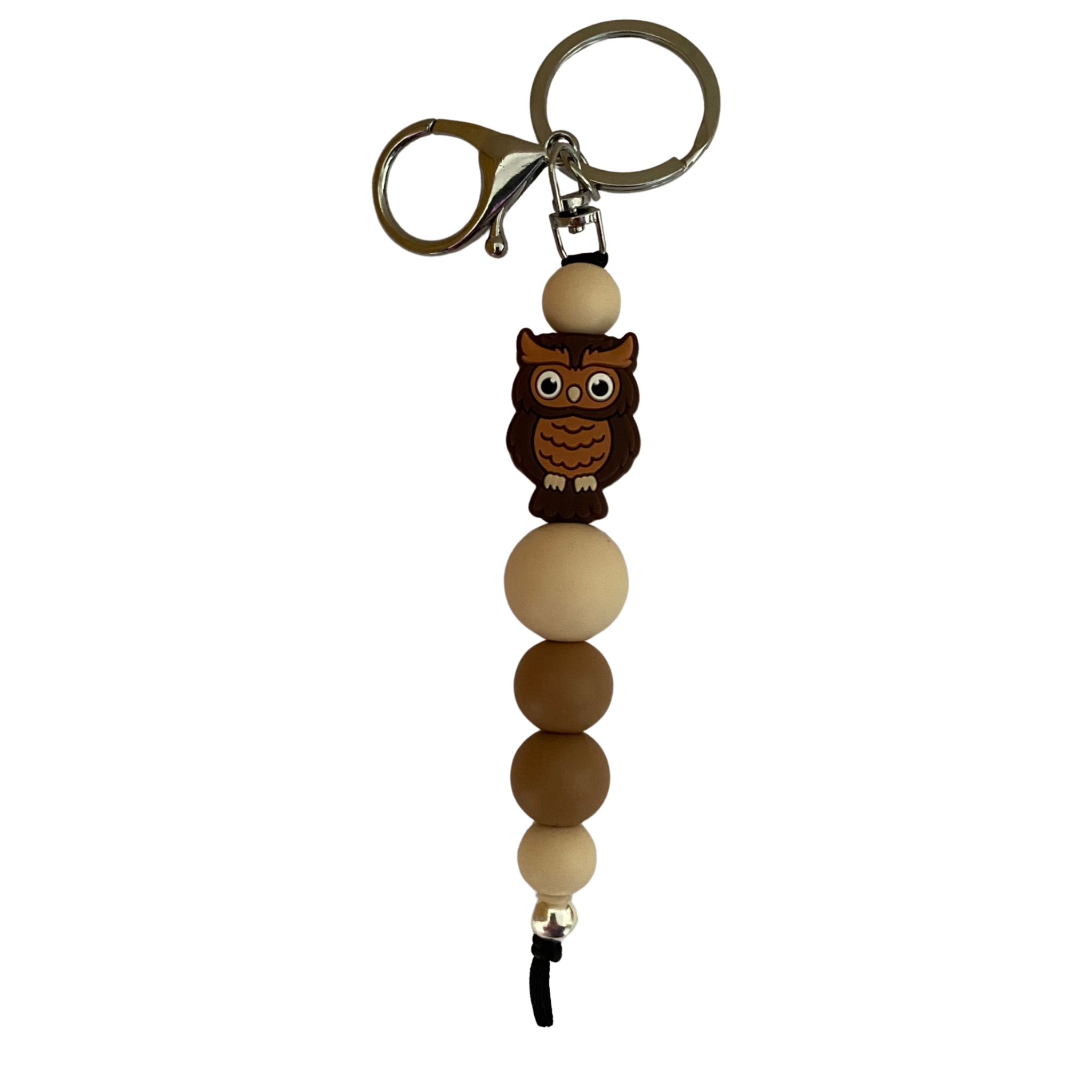An 18cm keyring with a brown owl silicone beads and various coloured round silicone beads.