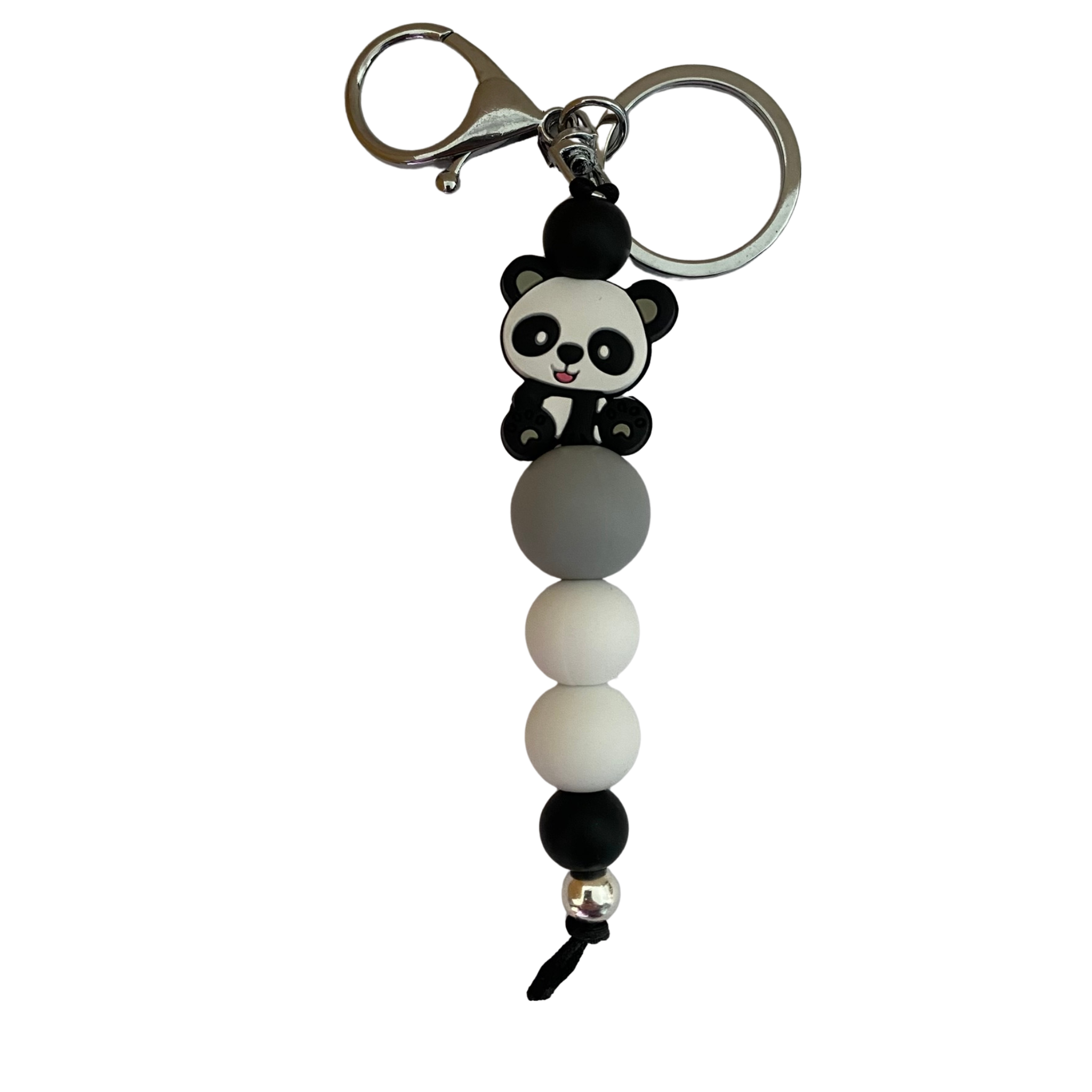 An 18cm keyring featuring a panda silicone bead and other round coloured silicone beads.
