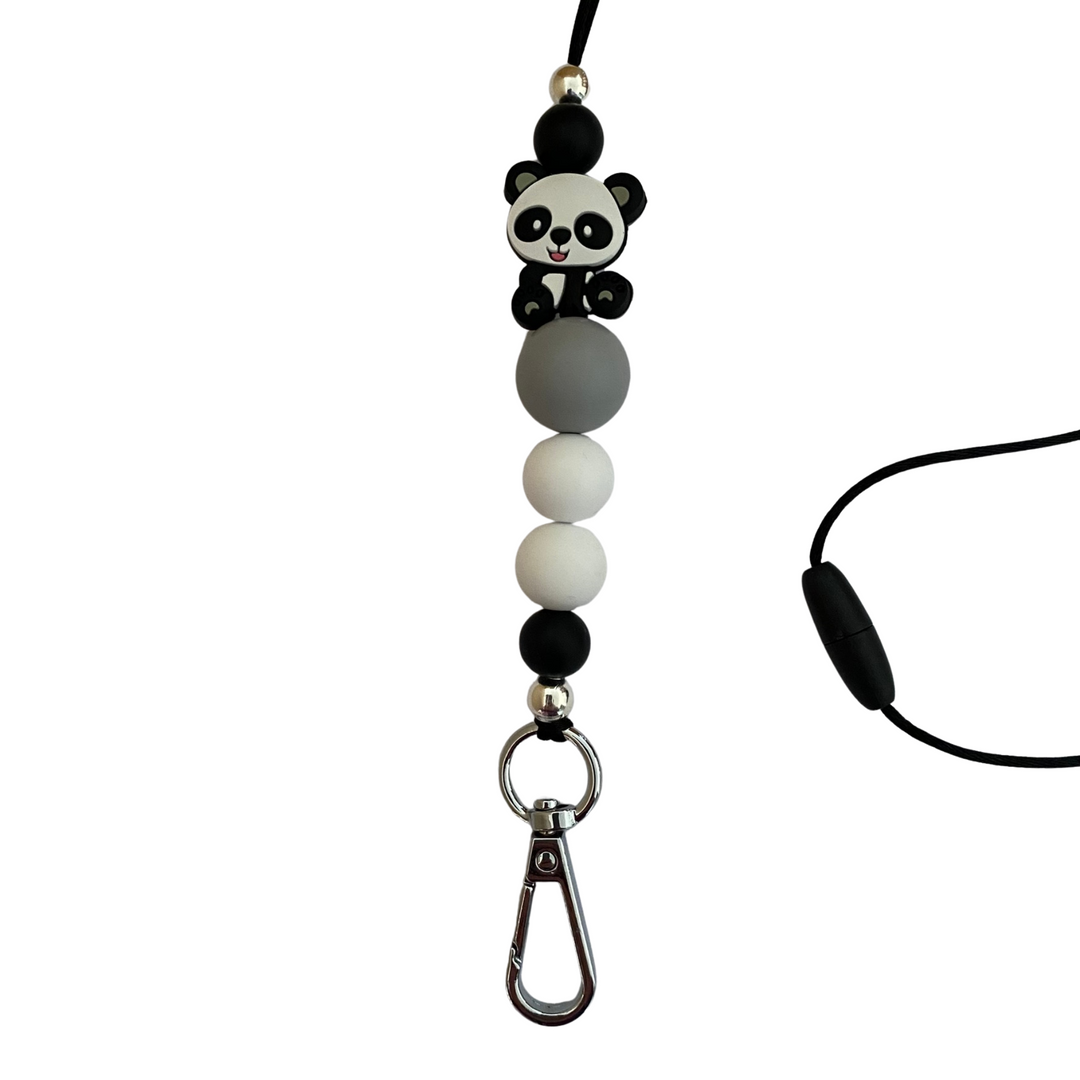 A 60cm lanyard fitted with a safety break away clasp featuring a panda bead and other coloured round silicone beads.