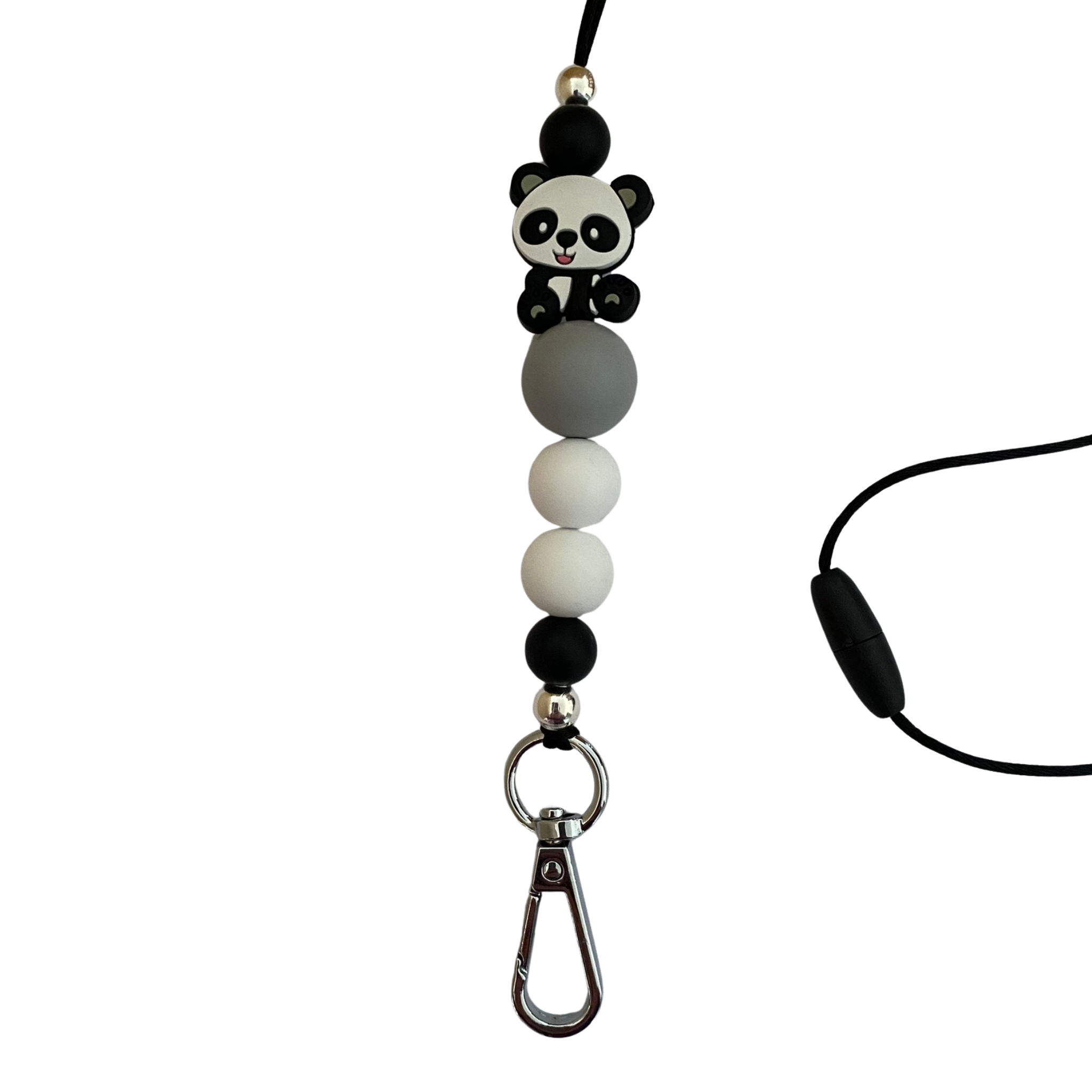 A 60cm lanyard fitted with a safety break away clasp featuring a panda bead and other coloured round silicone beads.