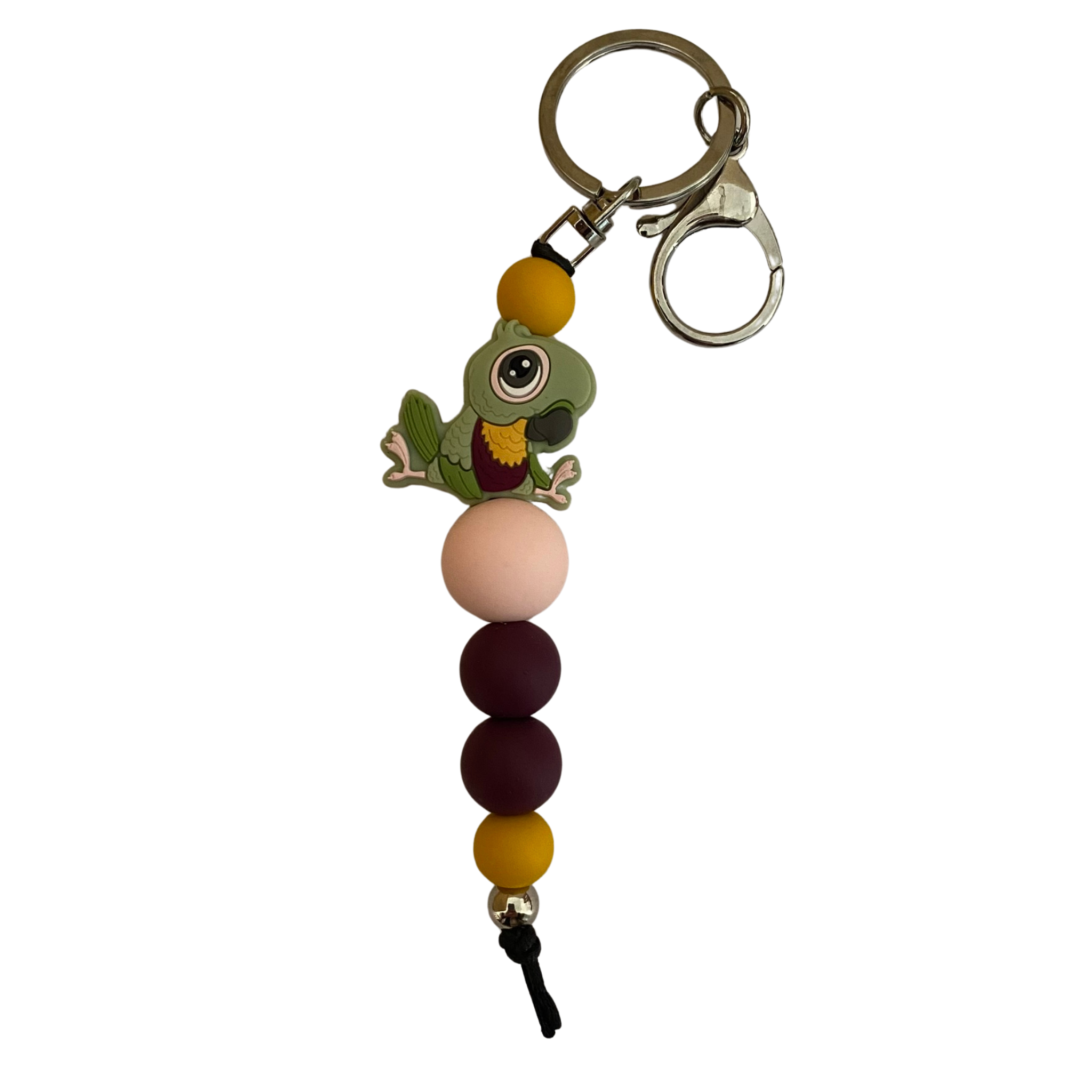 A keyring with silicone bead parrot and round coloured silicone beads.