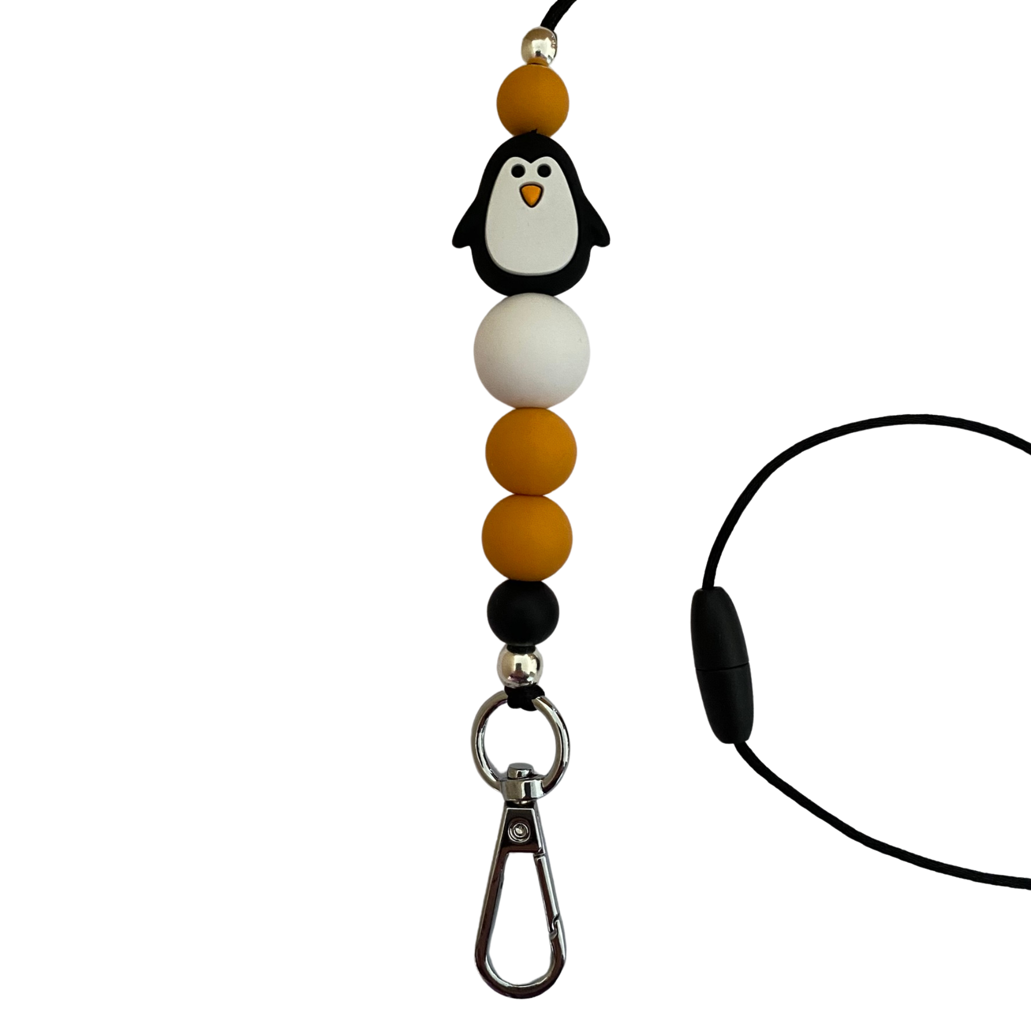 A 60cm lanyard fitted with a safety break away clasp featuring a penguin bead and other coloured round silicone beads.