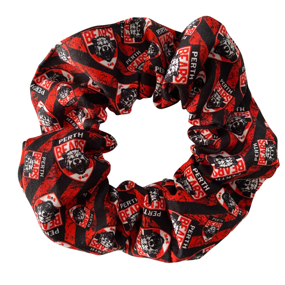 A black and red scrunchie featuring the team logo for Perth Bears.