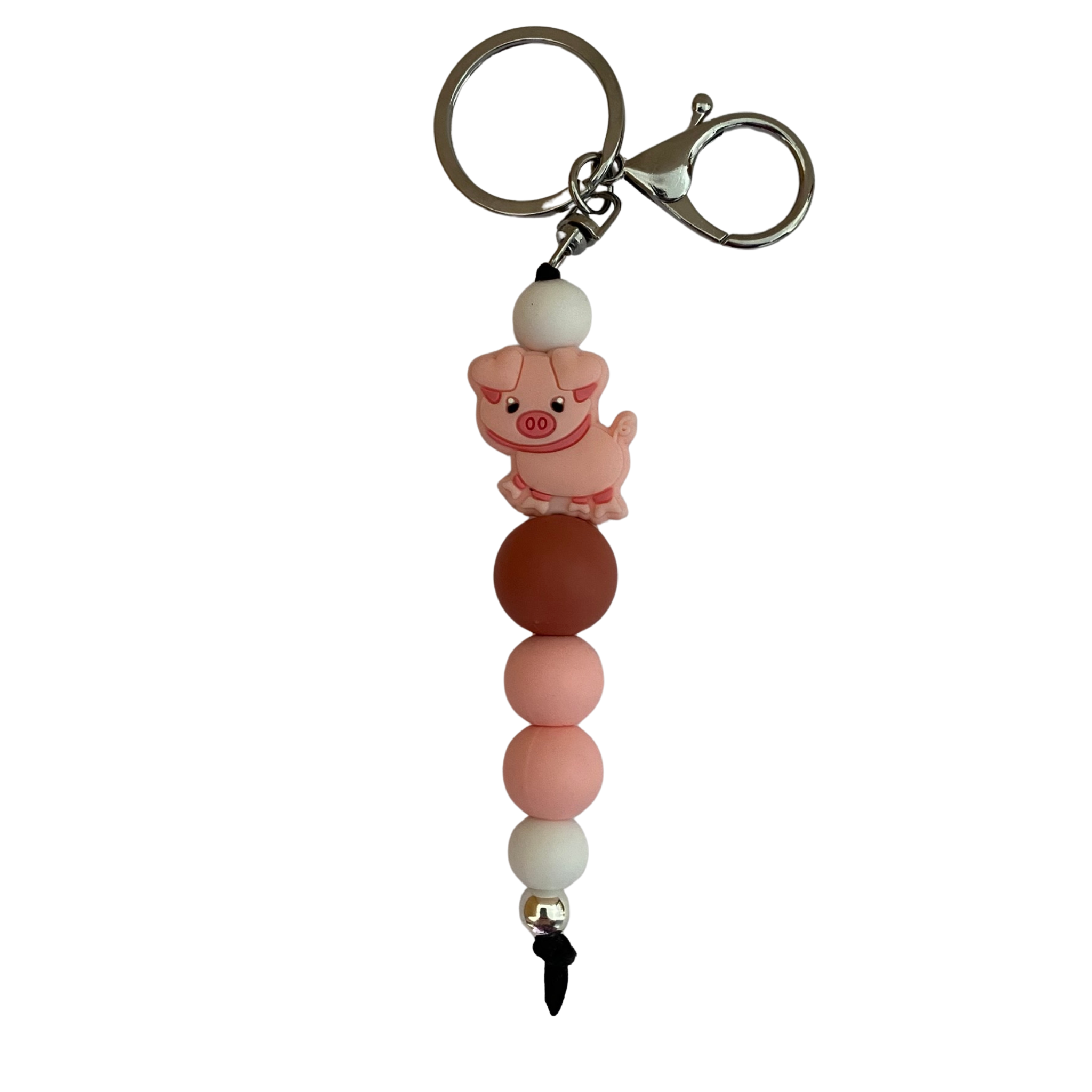 An 18cm keyring featuring a pig silicone bead and other round coloured silicone beads.