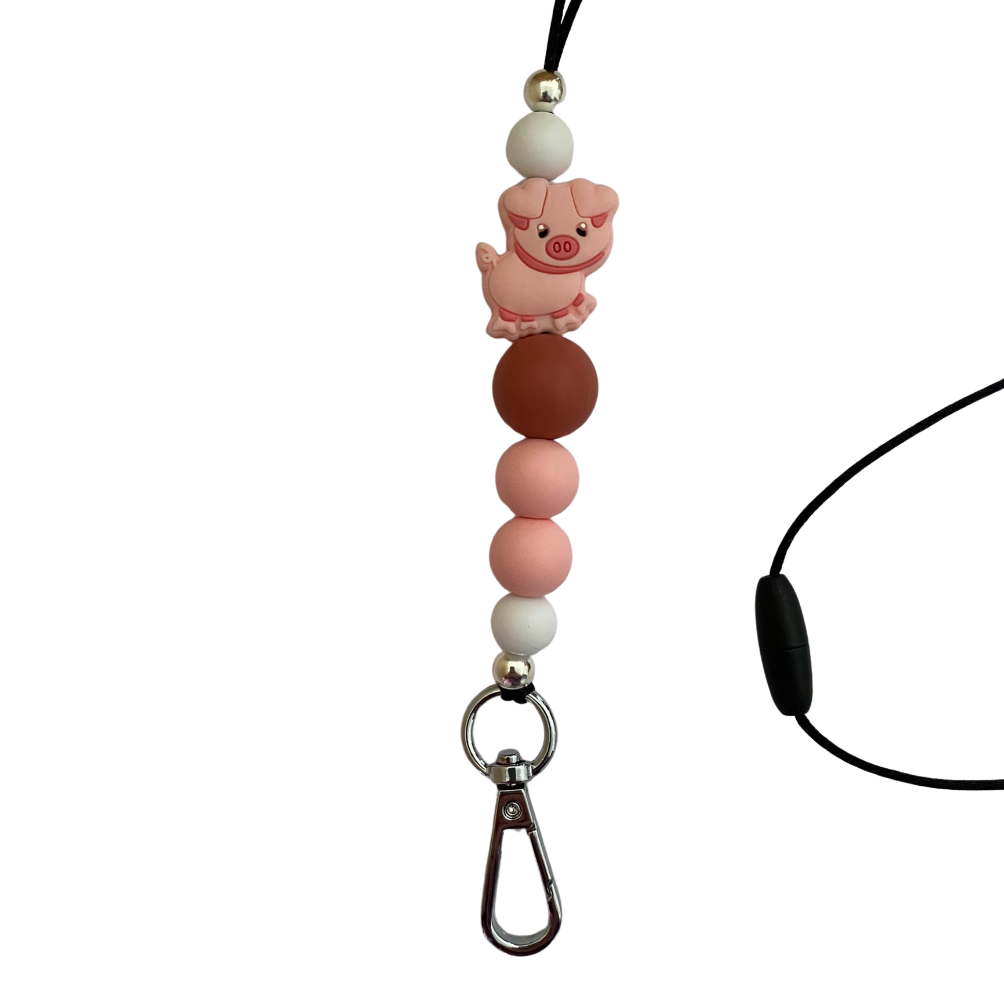 A 60cm lanyard fitted with a safety break away clasp featuring a pig silicone bead and other coloured round silicone beads.