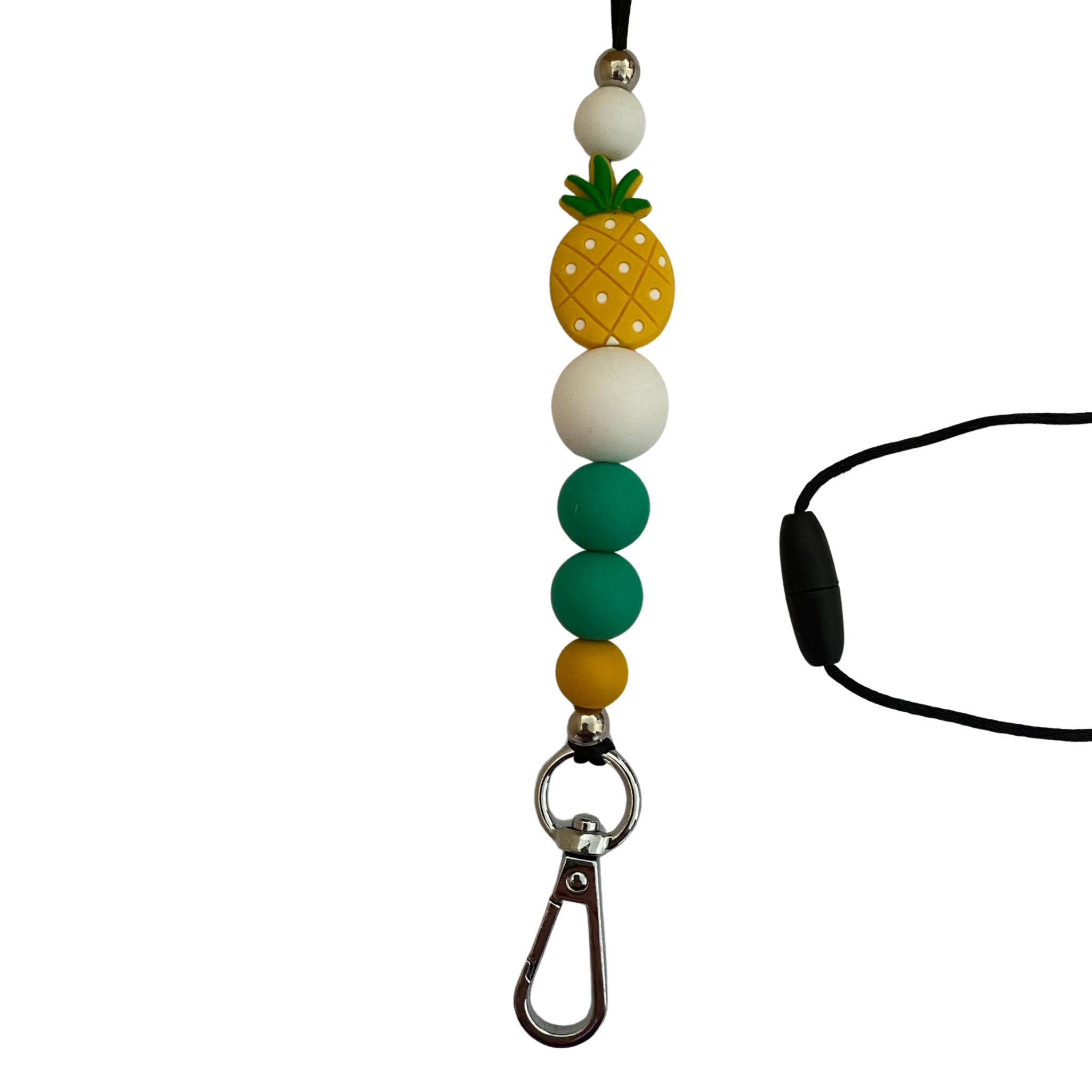 A 60cm lanyard fitted with a safety break away clasp featuring a pineapple bead and other coloured round silicone beads.