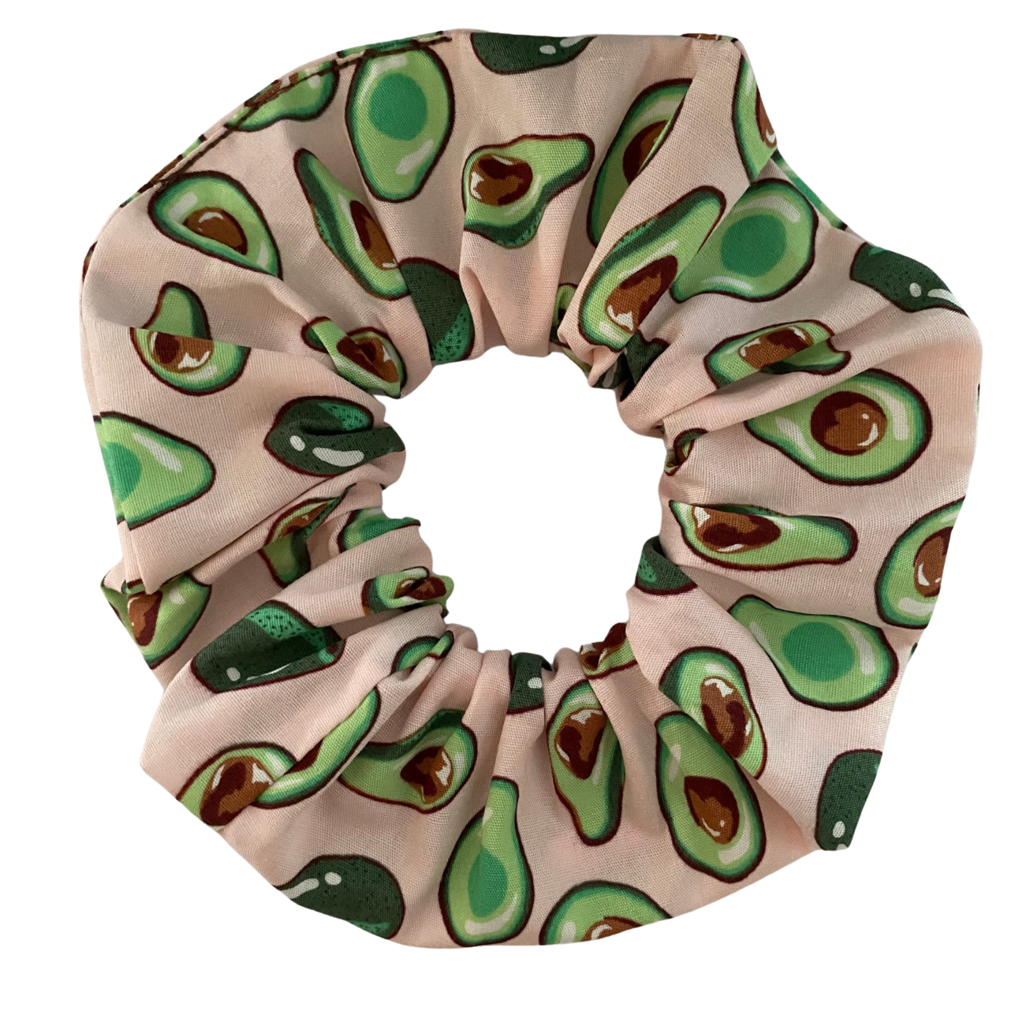 Pink Avocado Scrunchie with adorable avocado illustrations on a vibrant pink cotton poplin fabric; handmade and ideal for avocado lovers.