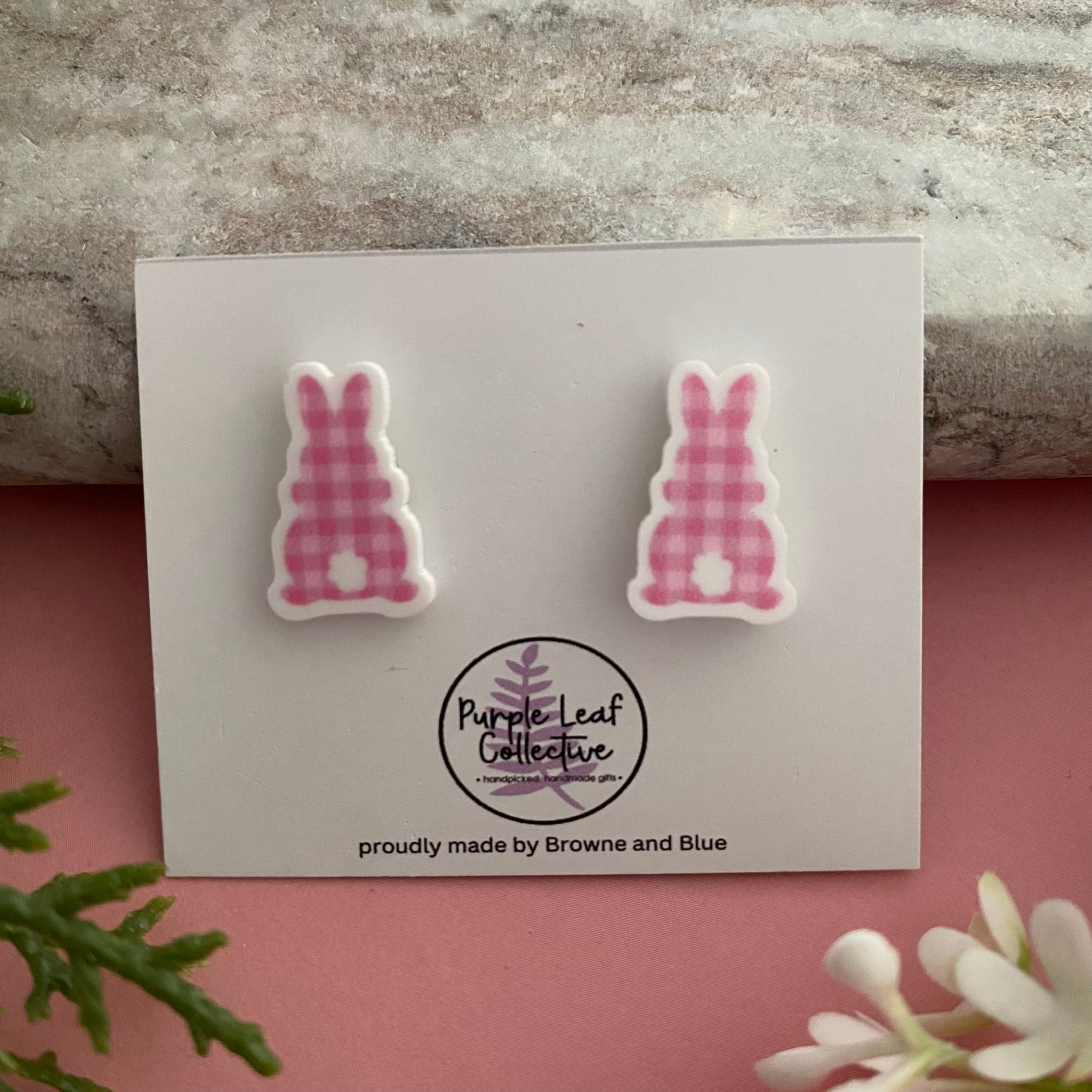 Studs featuring an adorable bunny pink gingham pattern and a white cotton tail.