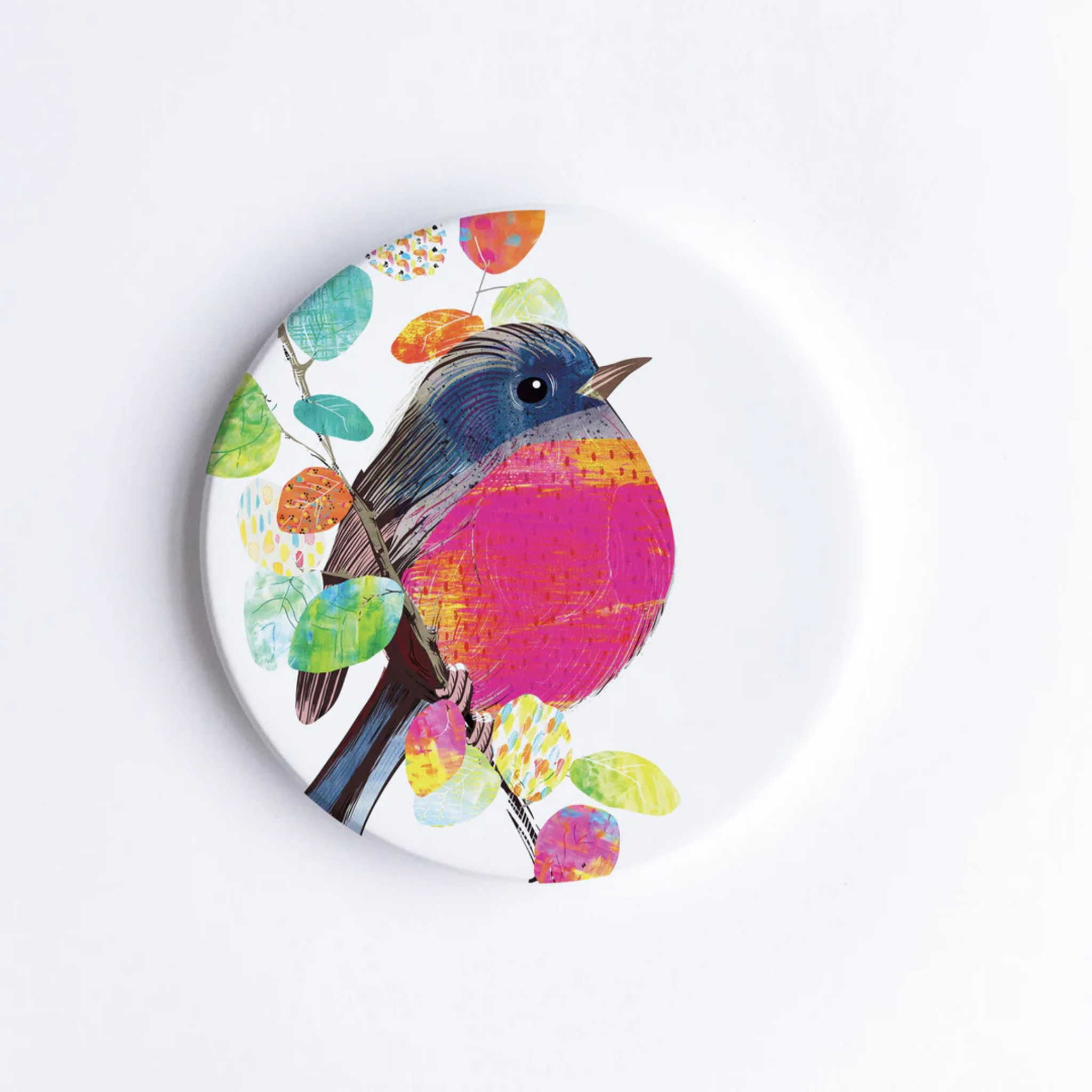 A 90mm diameter ceramic drink coaster featuring a picture of a Pink Robin.