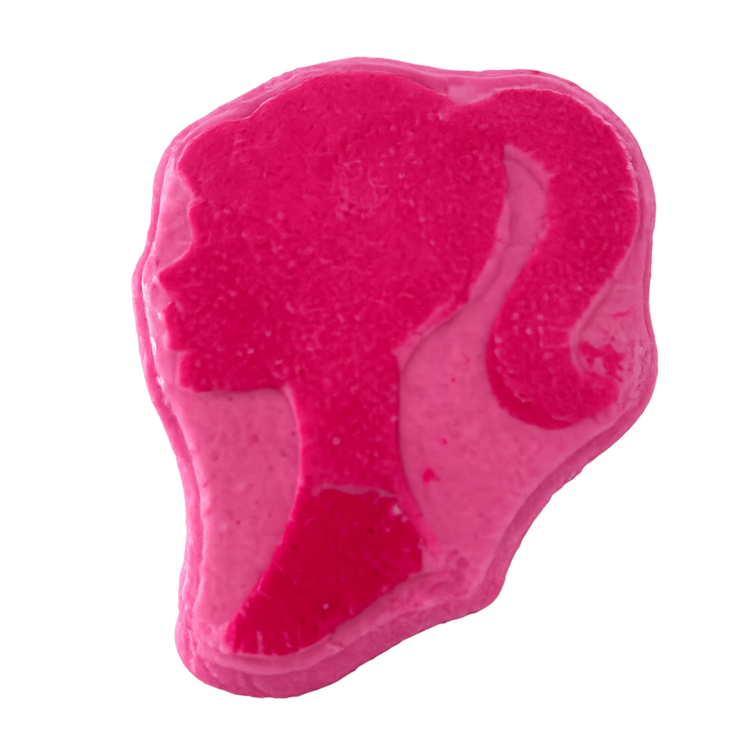 Bath bomb features the iconic pink silhouette of Barbie's profile sitting on top of a pink bath bomb.