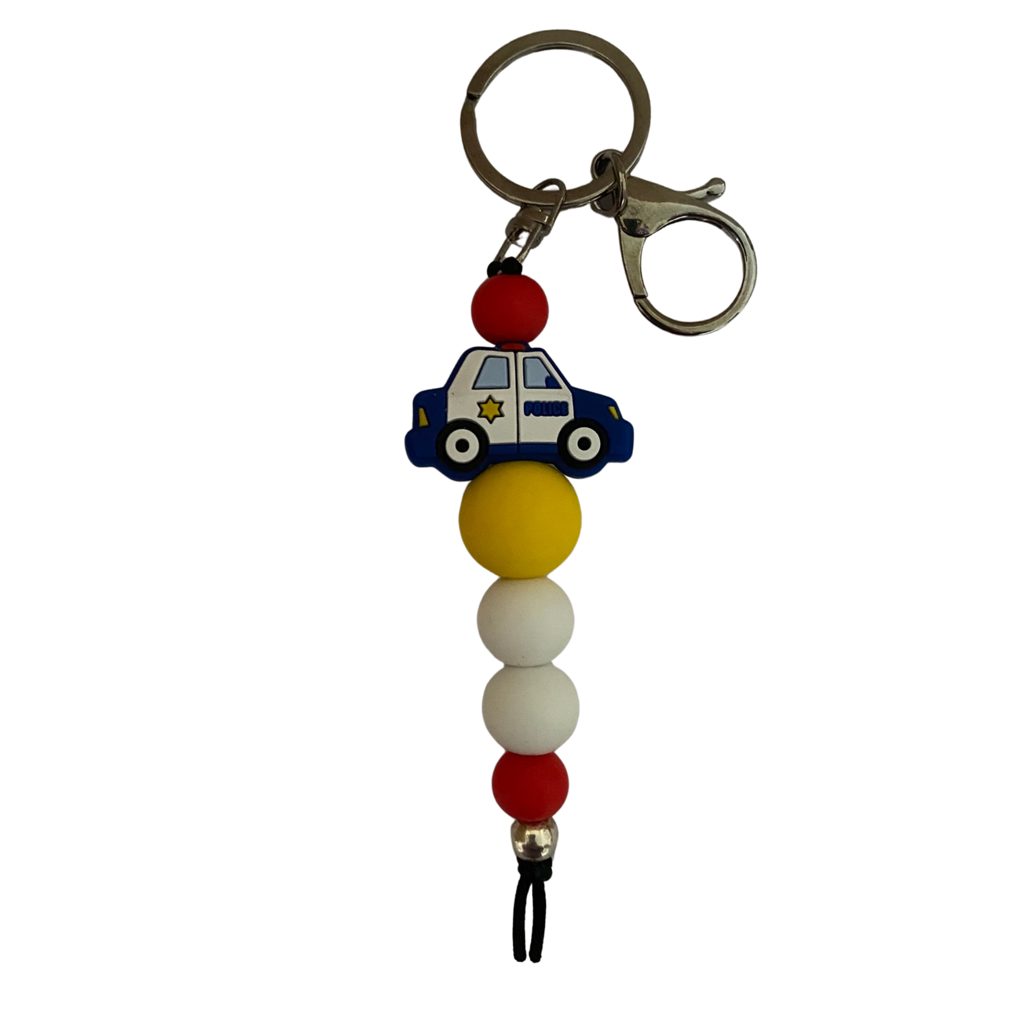 An 18cm keyring featuring a police car and other colourful silicone beads.