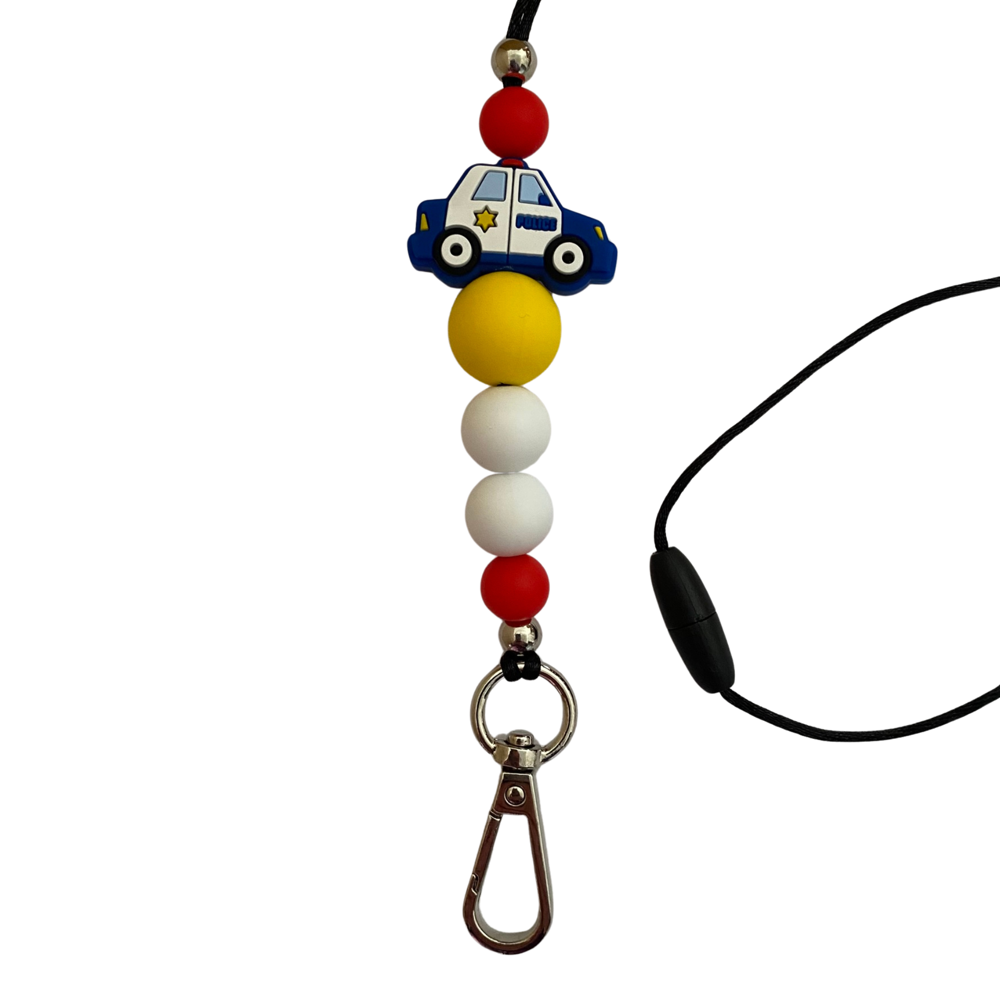 A 60cm lanyard fitted with a safety break away clasp featuring a police car silicone bead and other coloured round silicone beads.
