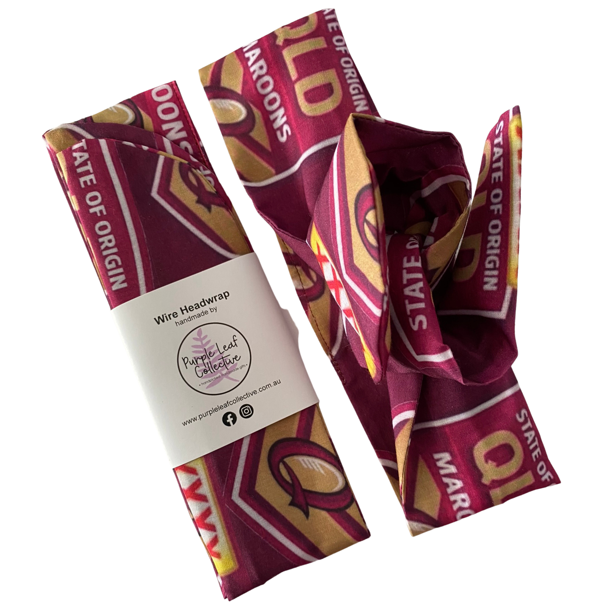 Maroon and gold wire headwrap with 'State of Origin' branding on a white background.