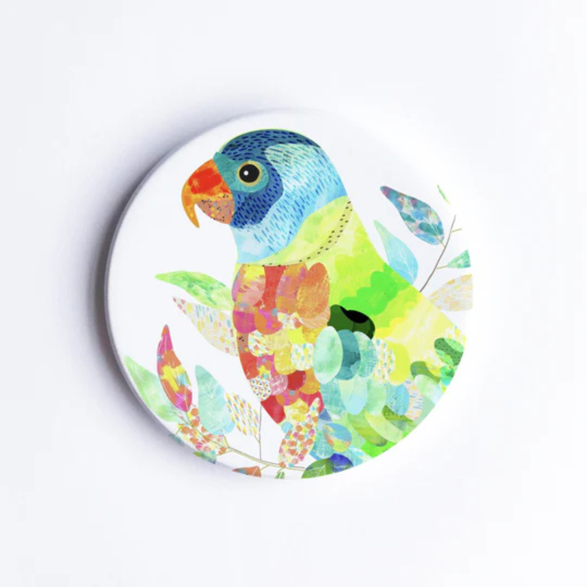 A 90mm diameter ceramic drink coaster featuring a picture of a Rainbow Lorikeet.