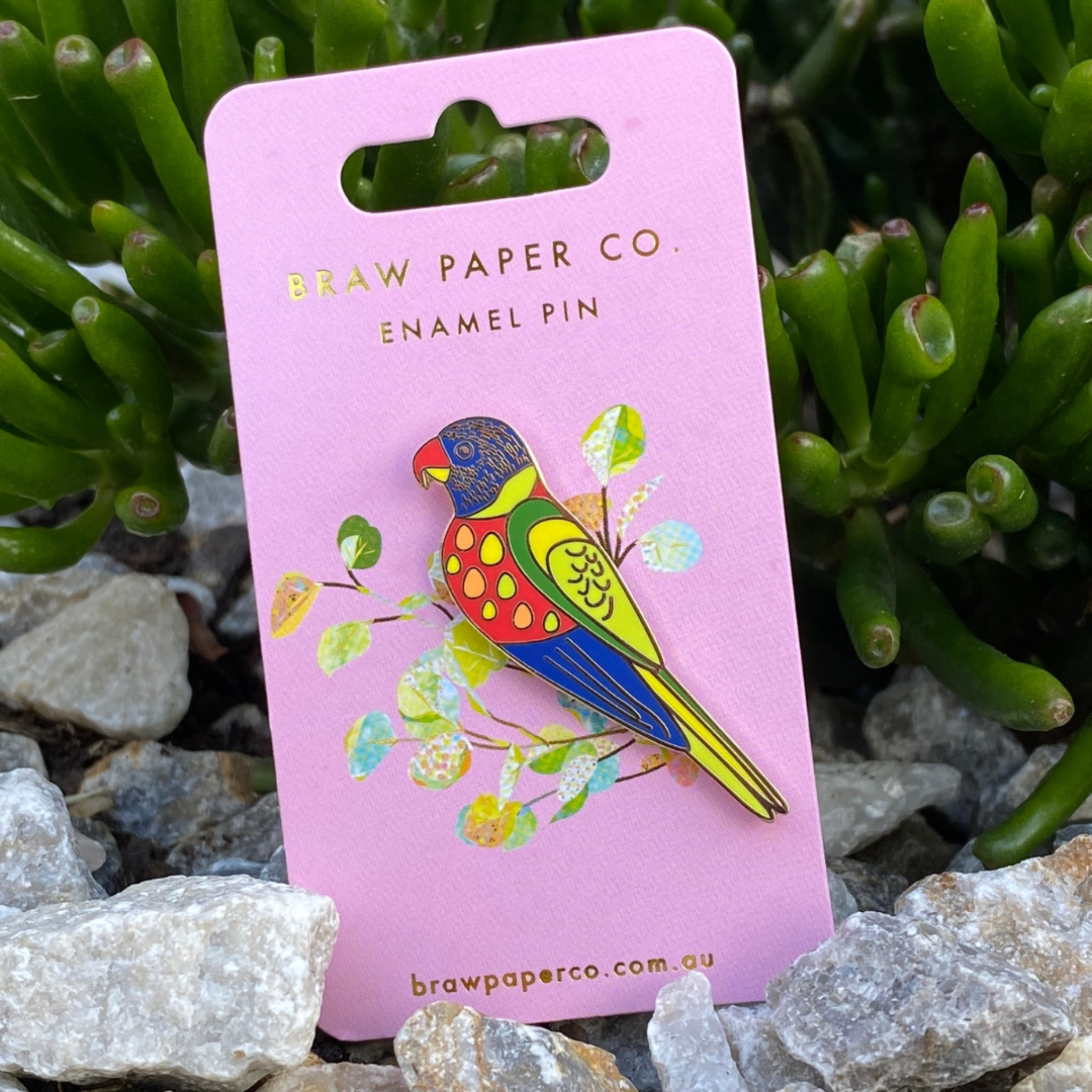 The Rainbow Lorikeet Enamel Pin pictured on a stunning backing card embellished with gold foil text.