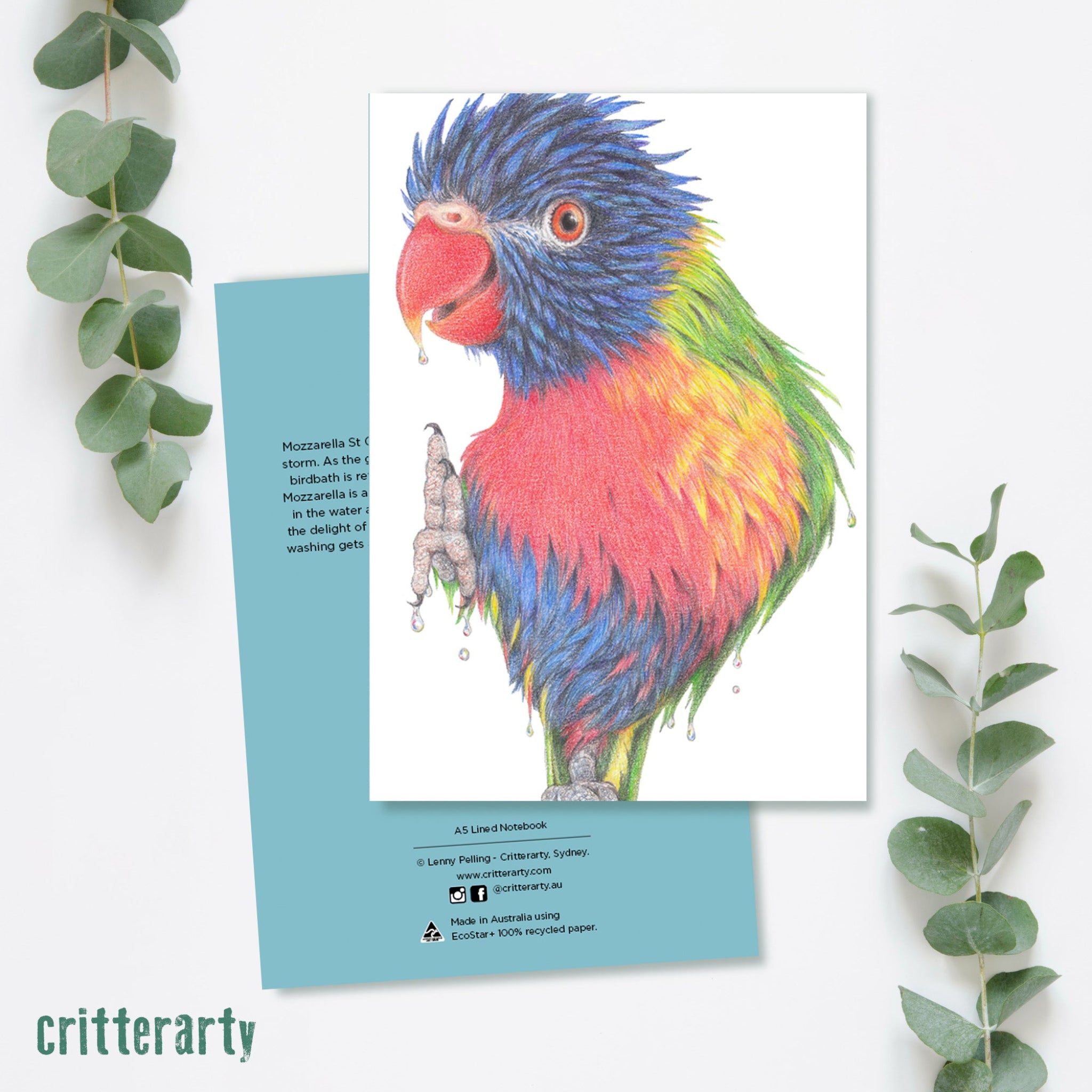 A5 premium lined notebook with 80 pages, luxuriously bound in a silky smooth, full colour cover featuring the Rainbow Lorikeet.