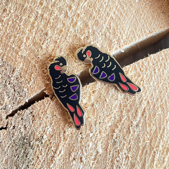 Close up view of a pair of Red-tailed Black Cockatoo enamel stud earrings.