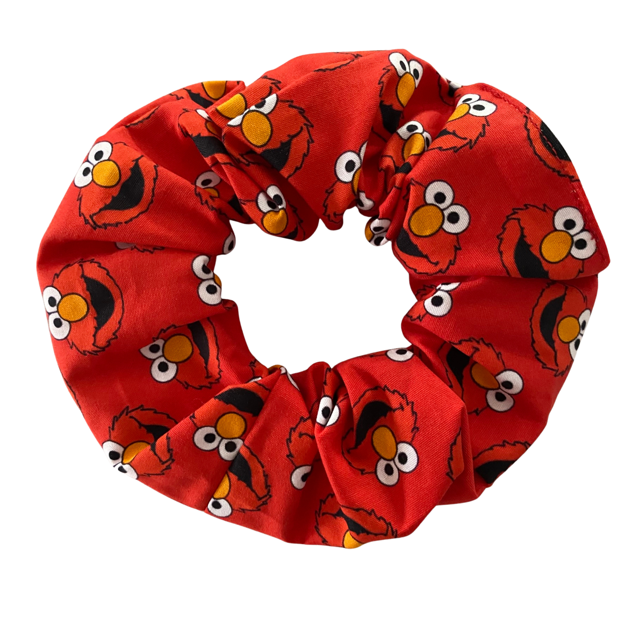 Vibrant red scrunchie featuring Elmo face on a repeat pattern.