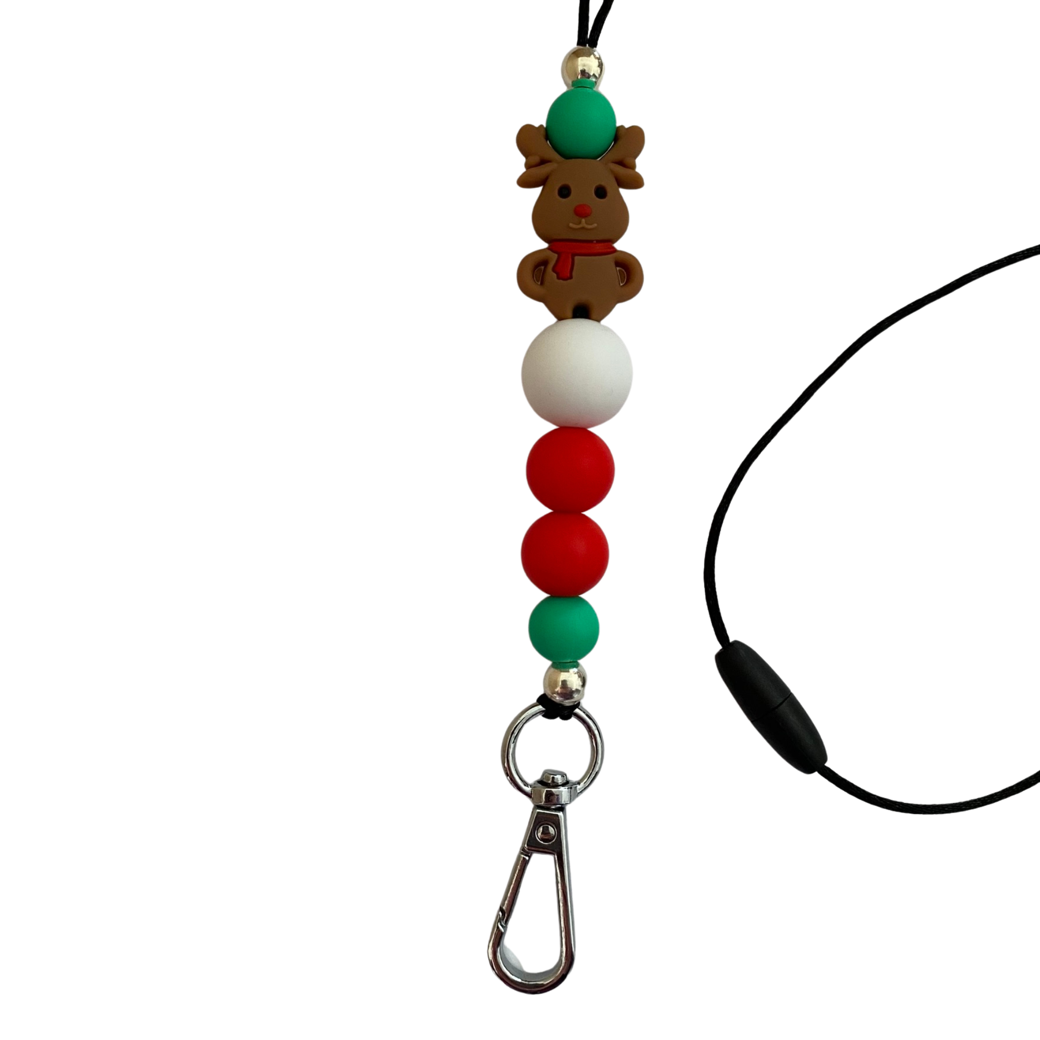 A 60cm lanyard fitted with a safety break away clasp and a reindeer silicone bead and other coloured round silicone beads.